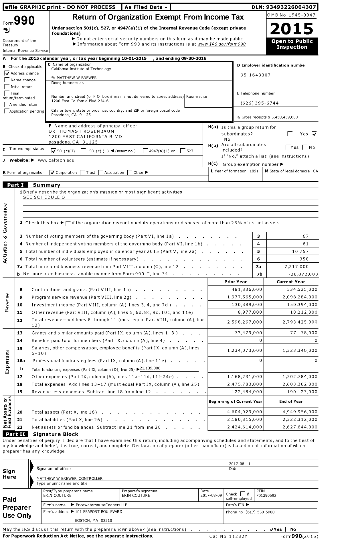 Image of first page of 2015 Form 990 for California Institute of Technology