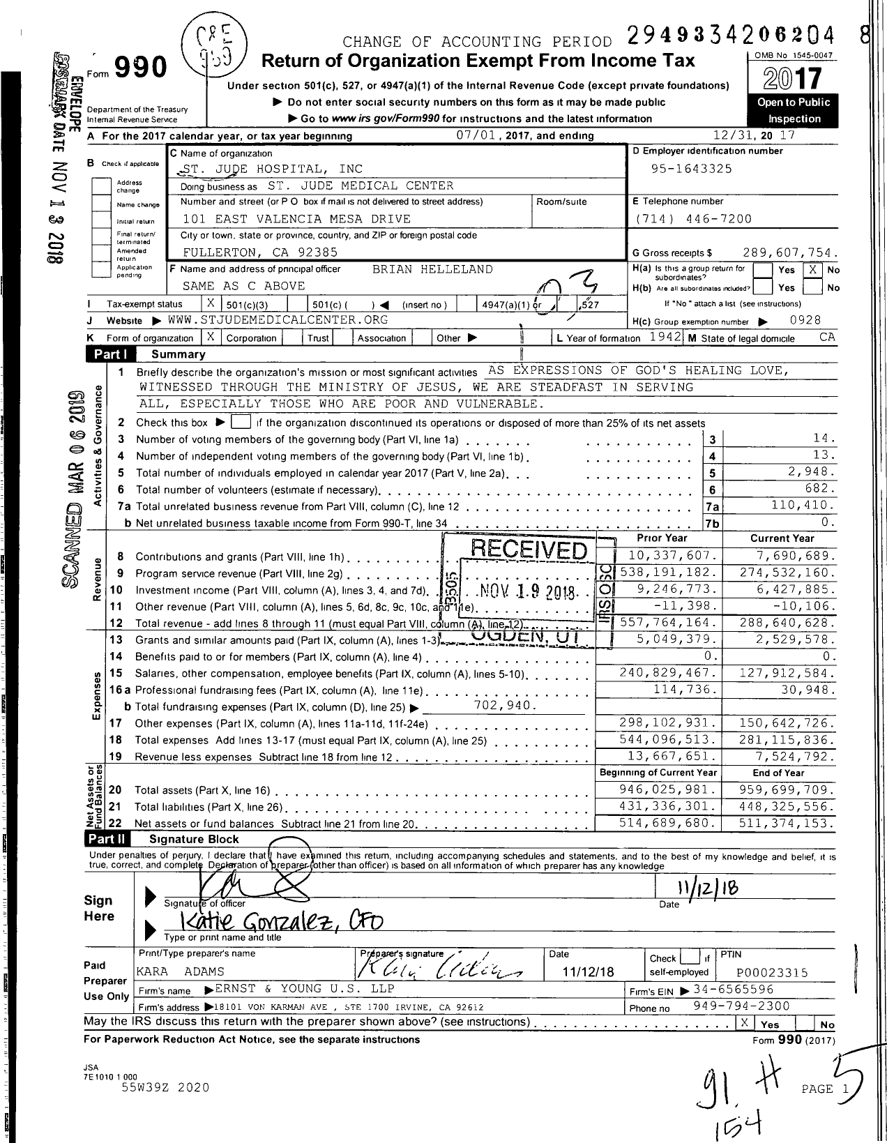 Image of first page of 2017 Form 990 for Providence St Jude Medical Center