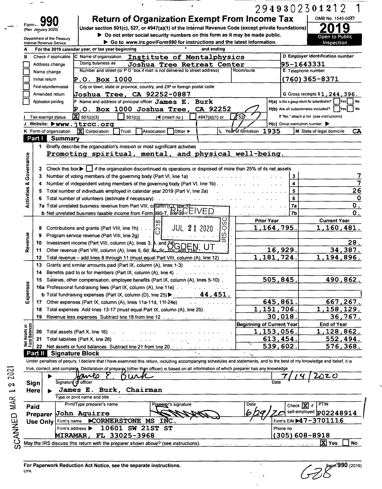 Image of first page of 2019 Form 990 for Institute of Mentalphysics Joshua Tree Retreat Center