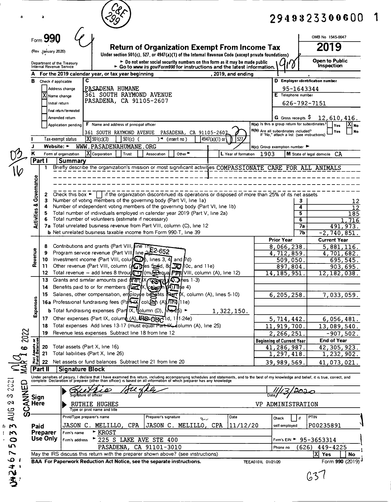 Image of first page of 2019 Form 990 for Pasadena Humane