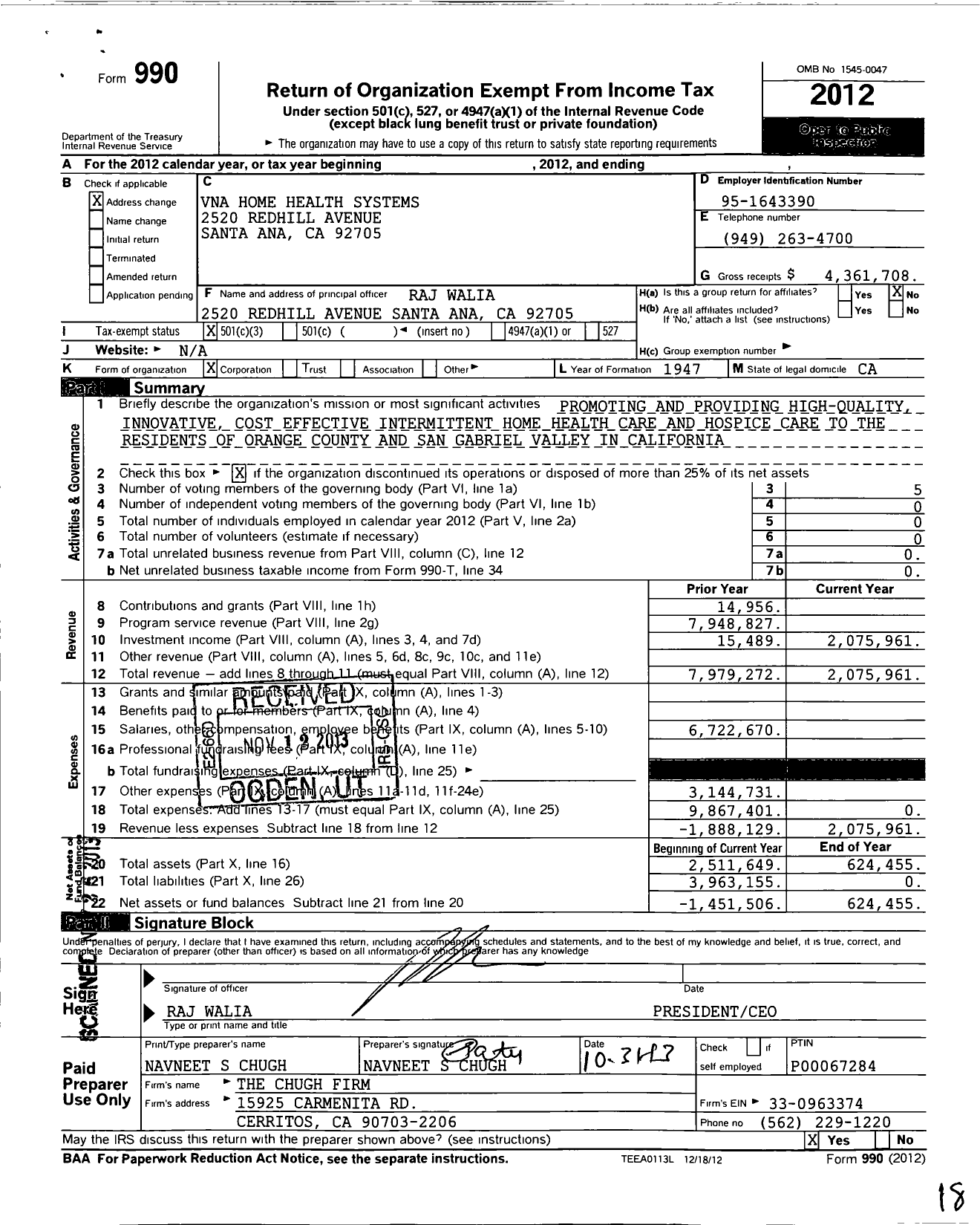 Image of first page of 2012 Form 990 for Vna Home Health Systems