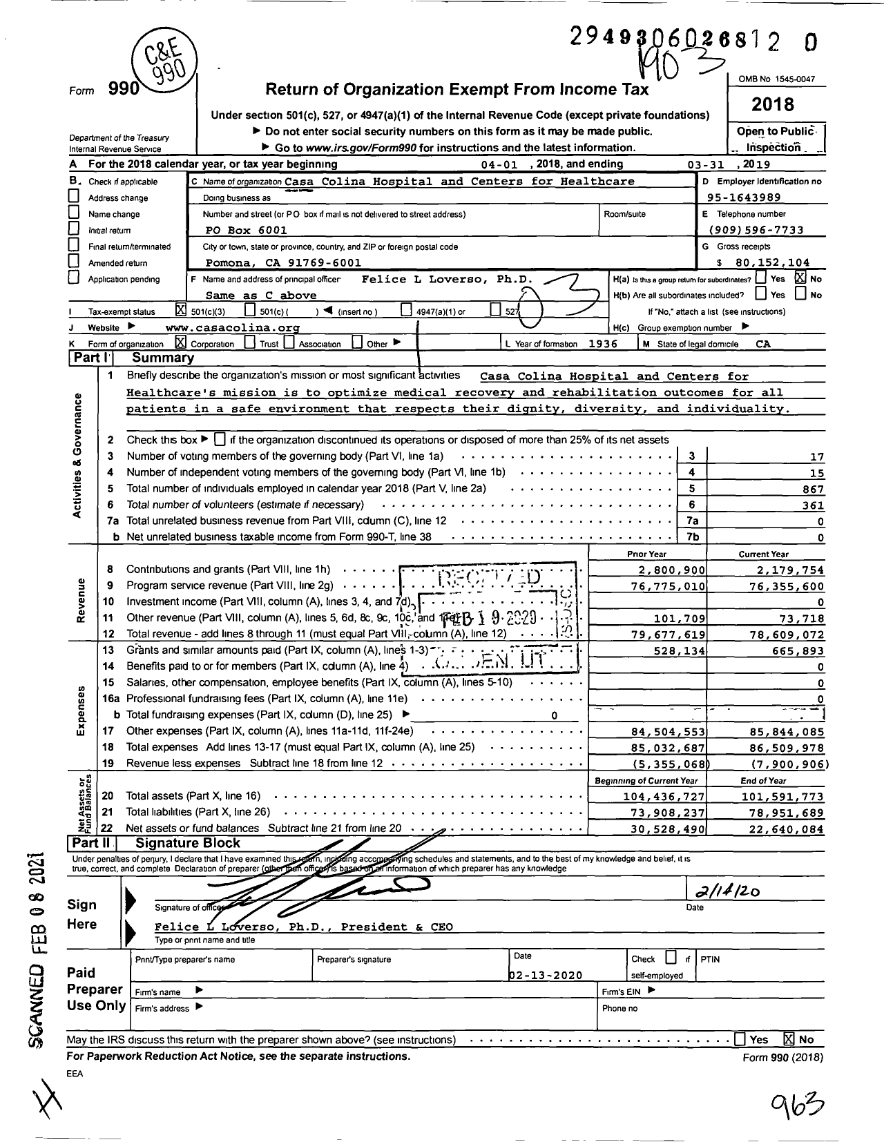 Image of first page of 2018 Form 990 for Casa Colina Hospital and Centers for Healthcare