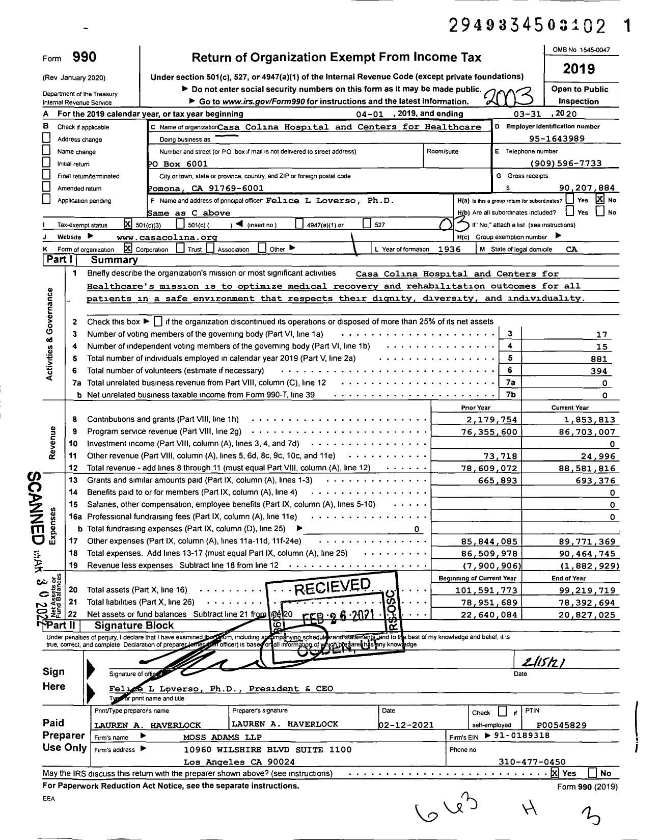 Image of first page of 2019 Form 990 for Casa Colina Hospital and Centers for Healthcare