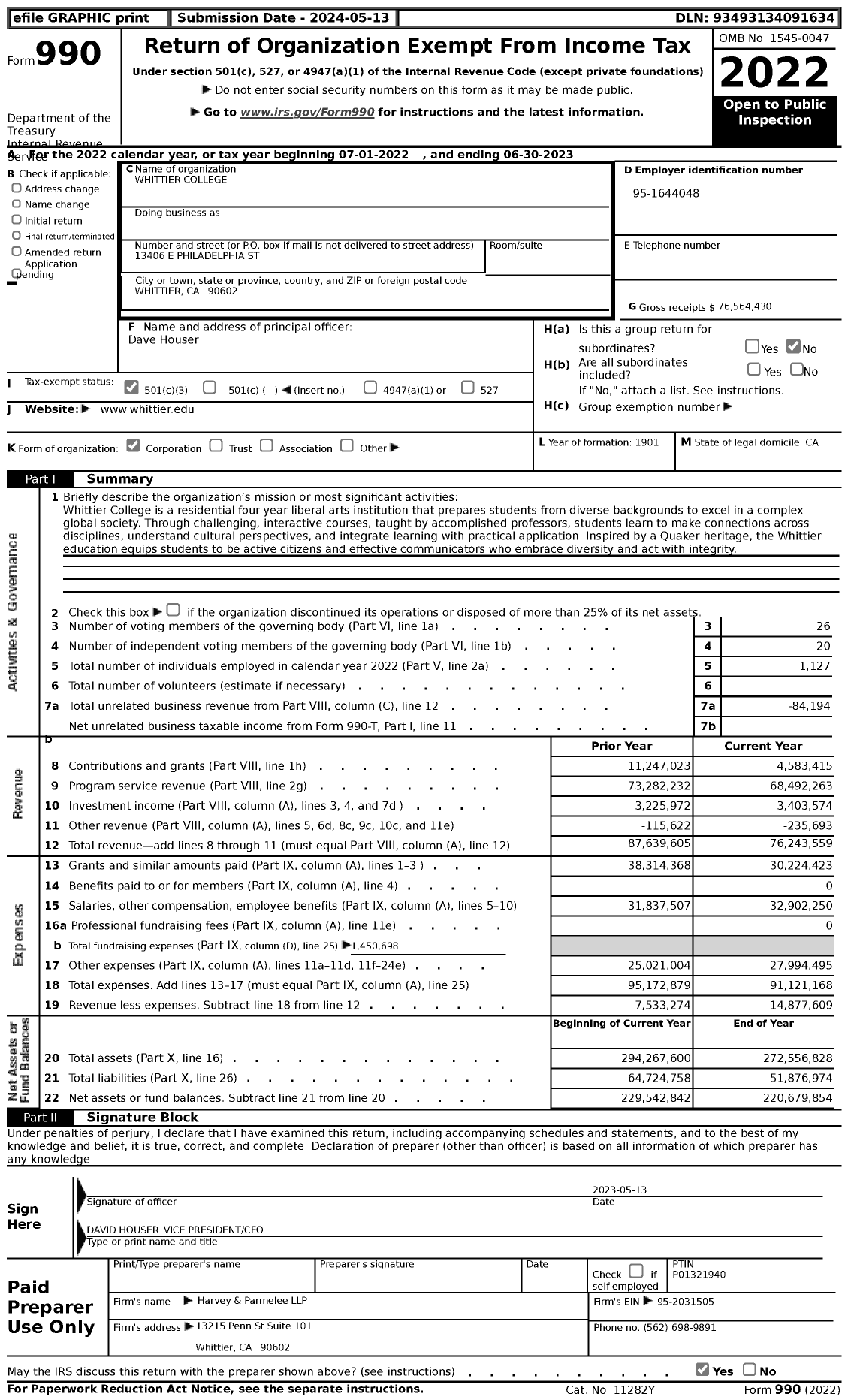 Image of first page of 2022 Form 990 for Whittier College
