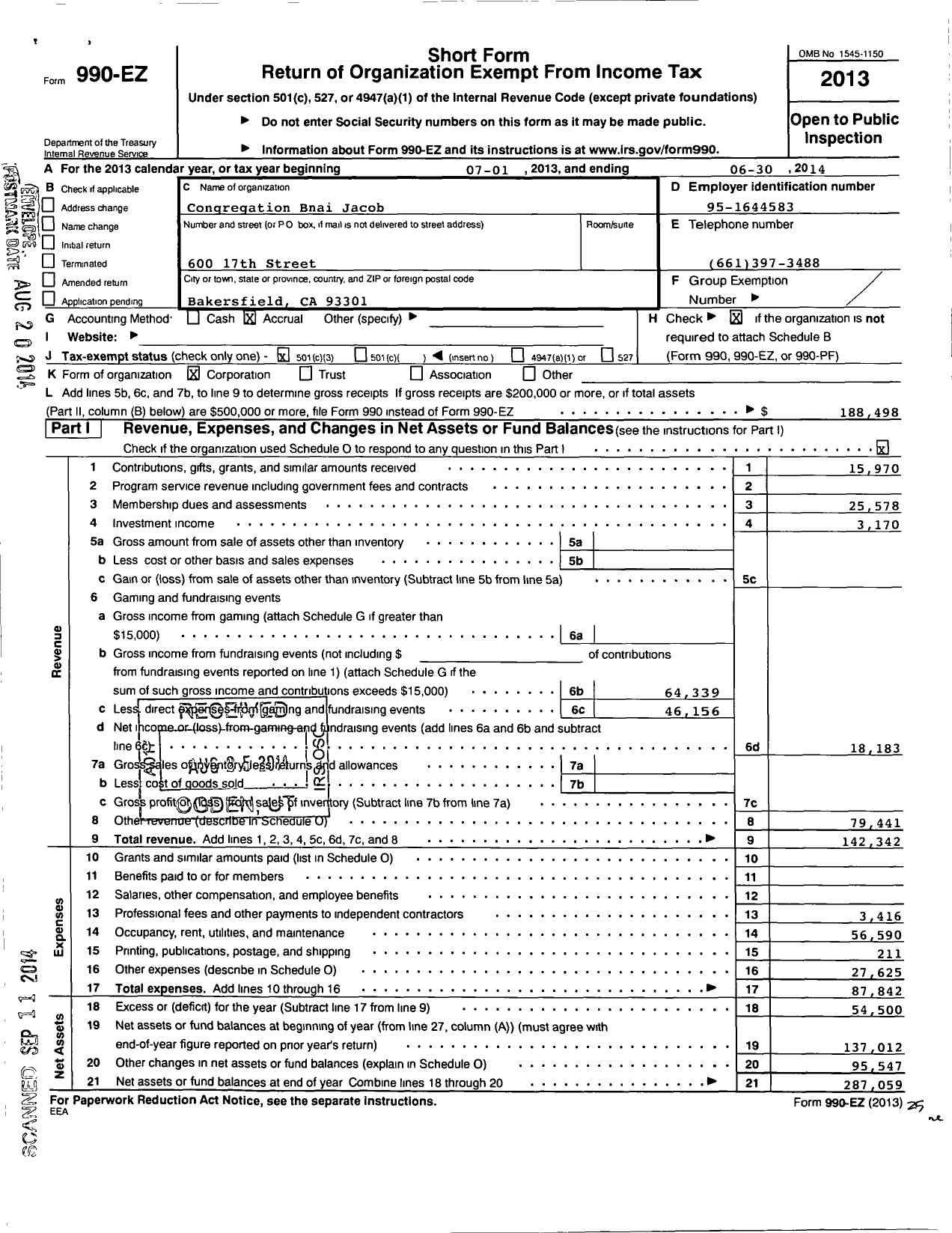 Image of first page of 2013 Form 990EZ for Congregation Bnai Jacob