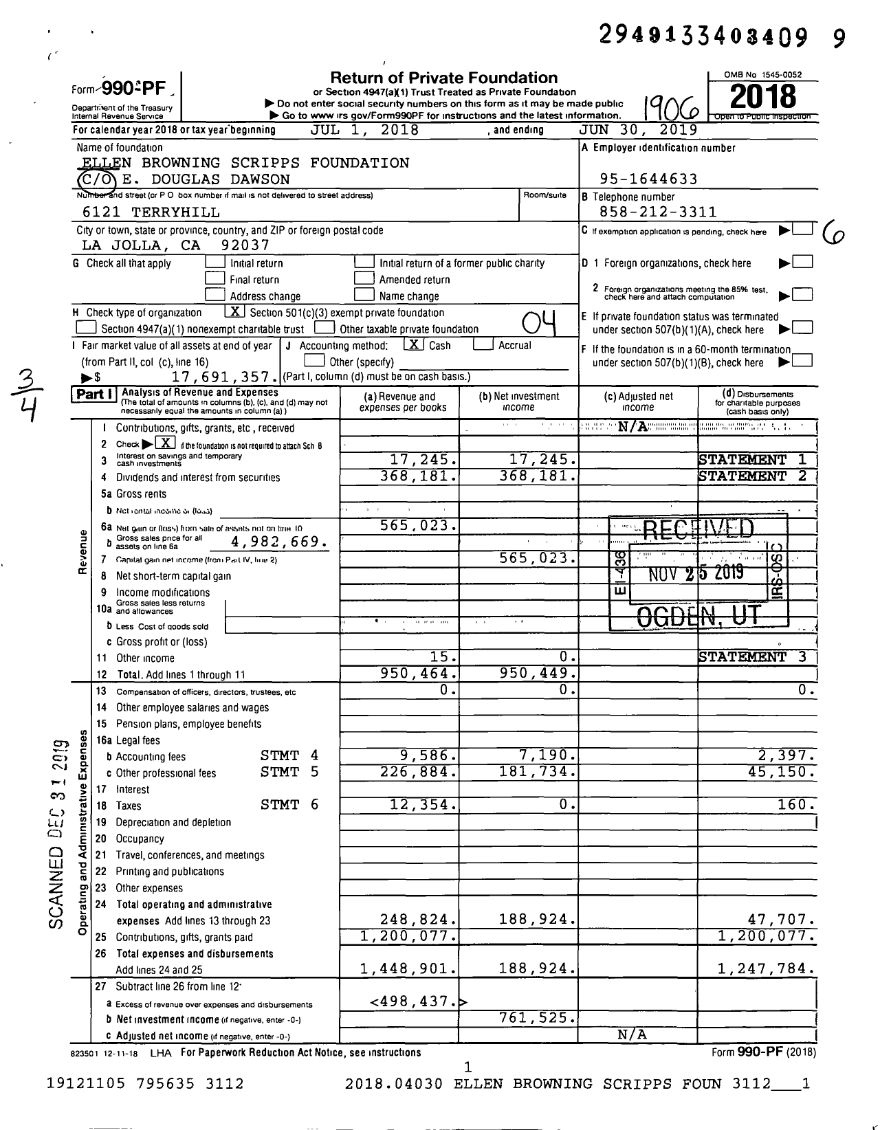 Image of first page of 2018 Form 990PF for Ellen Browning Scripps Foundation