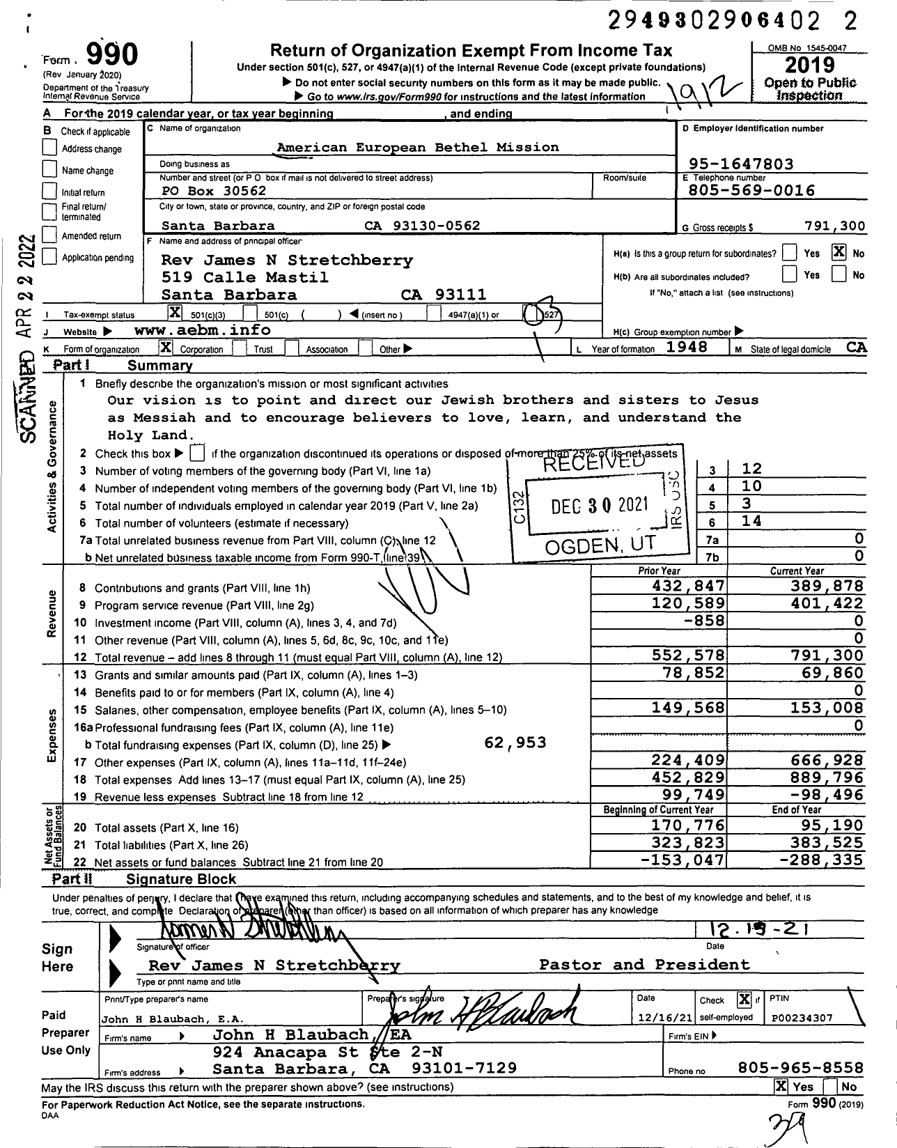 Image of first page of 2019 Form 990 for American European Bethel Mission