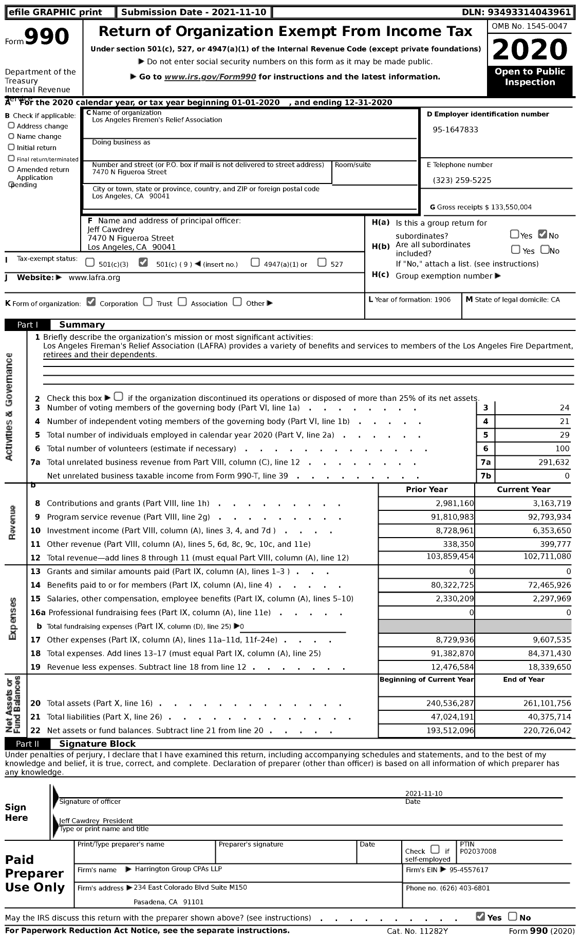 Image of first page of 2020 Form 990 for Los Angeles Firemens Relief Association