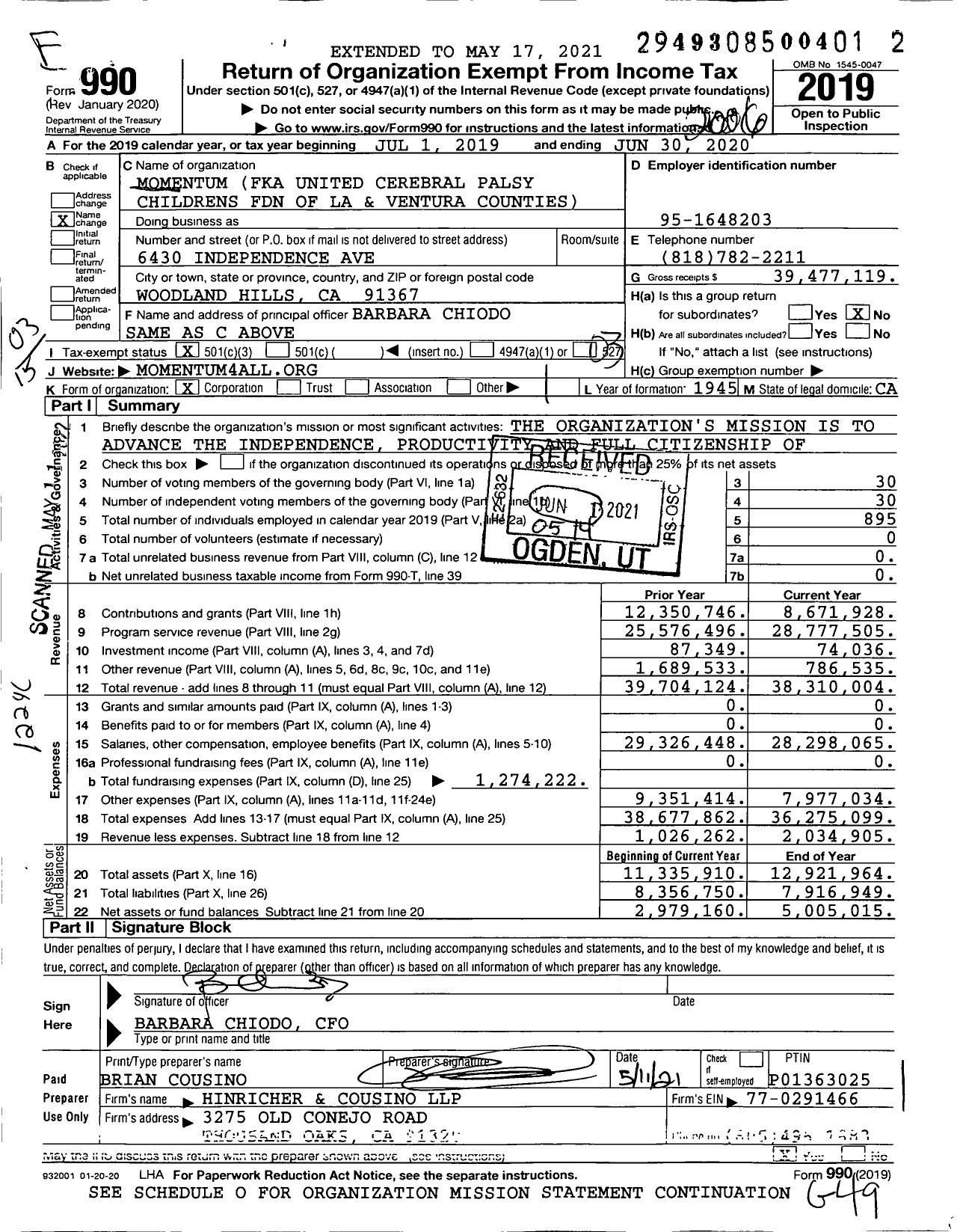 Image of first page of 2019 Form 990 for Momentum Agencies (UCPLA)