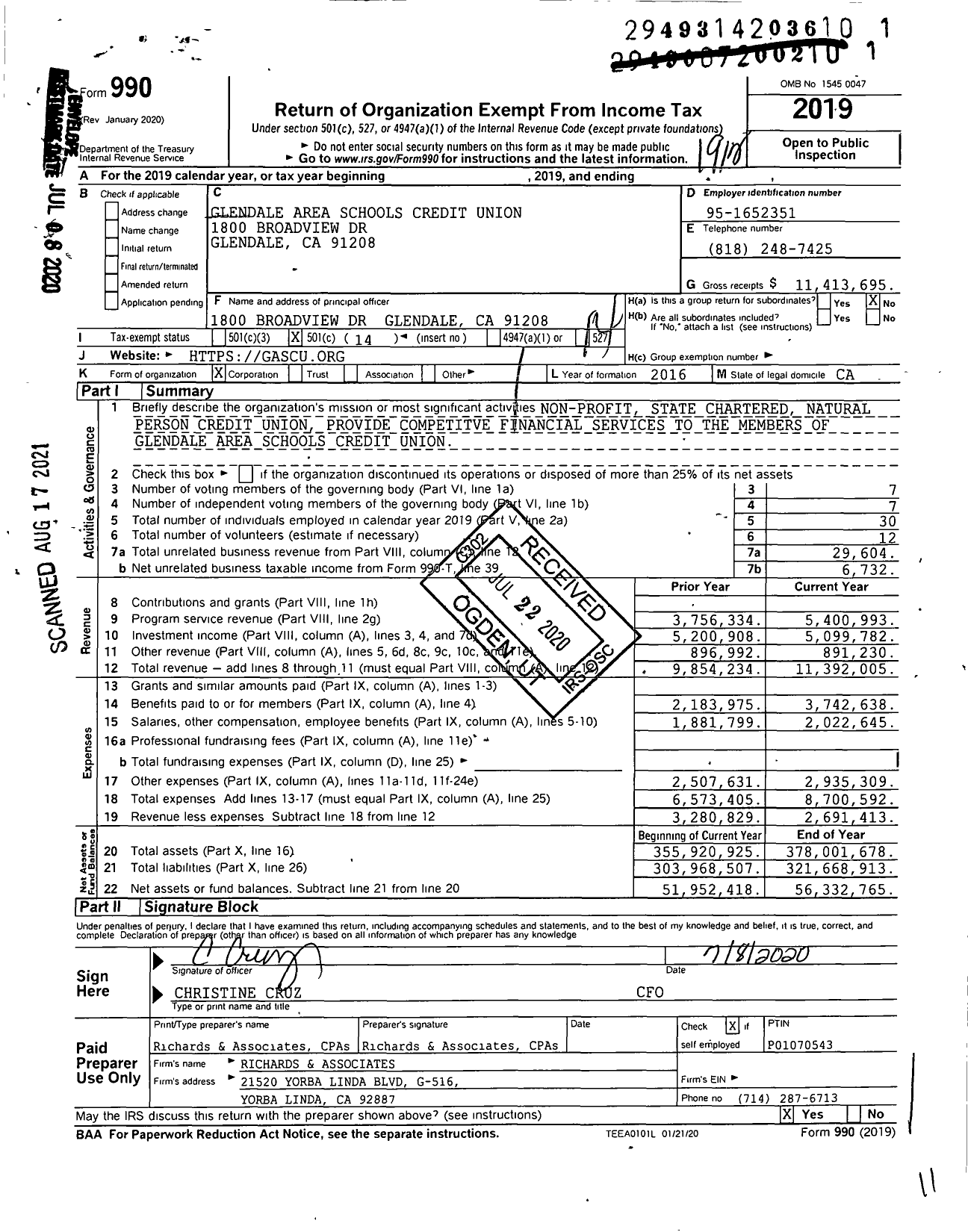 Image of first page of 2019 Form 990O for Glendale Area Schools Credit Union