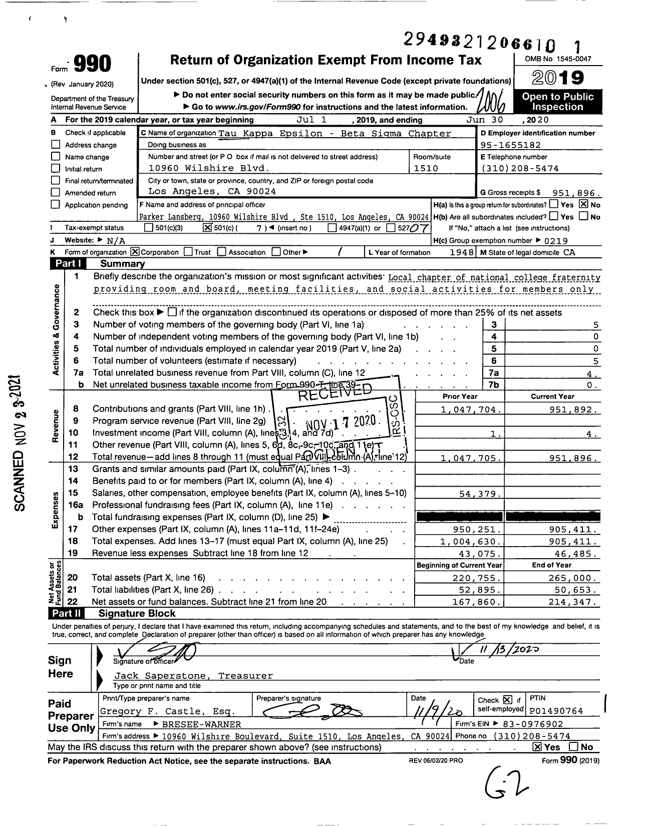 Image of first page of 2019 Form 990O for Tau Kappa Epsilon Fraternity - 166 Beta Sigma Chapter