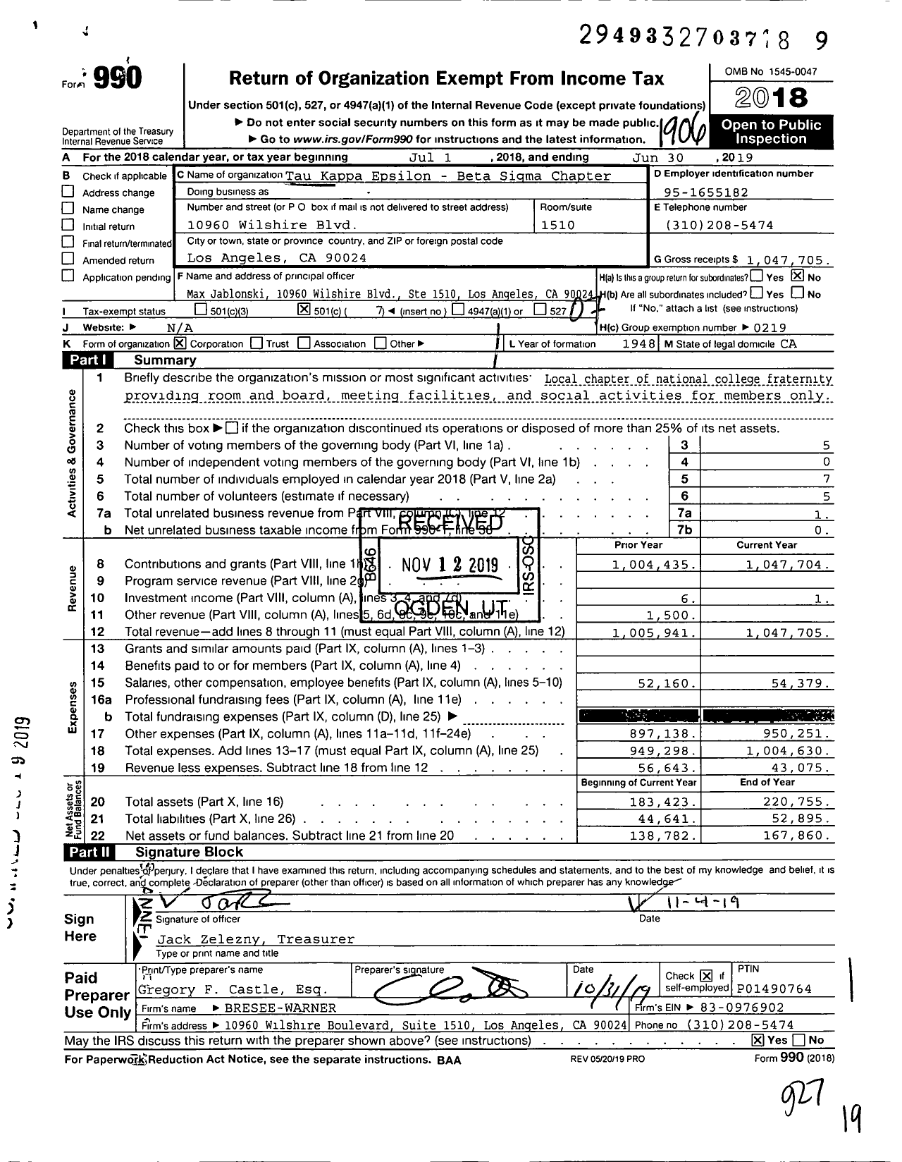 Image of first page of 2018 Form 990O for Tau Kappa Epsilon Fraternity - 166 Beta Sigma Chapter