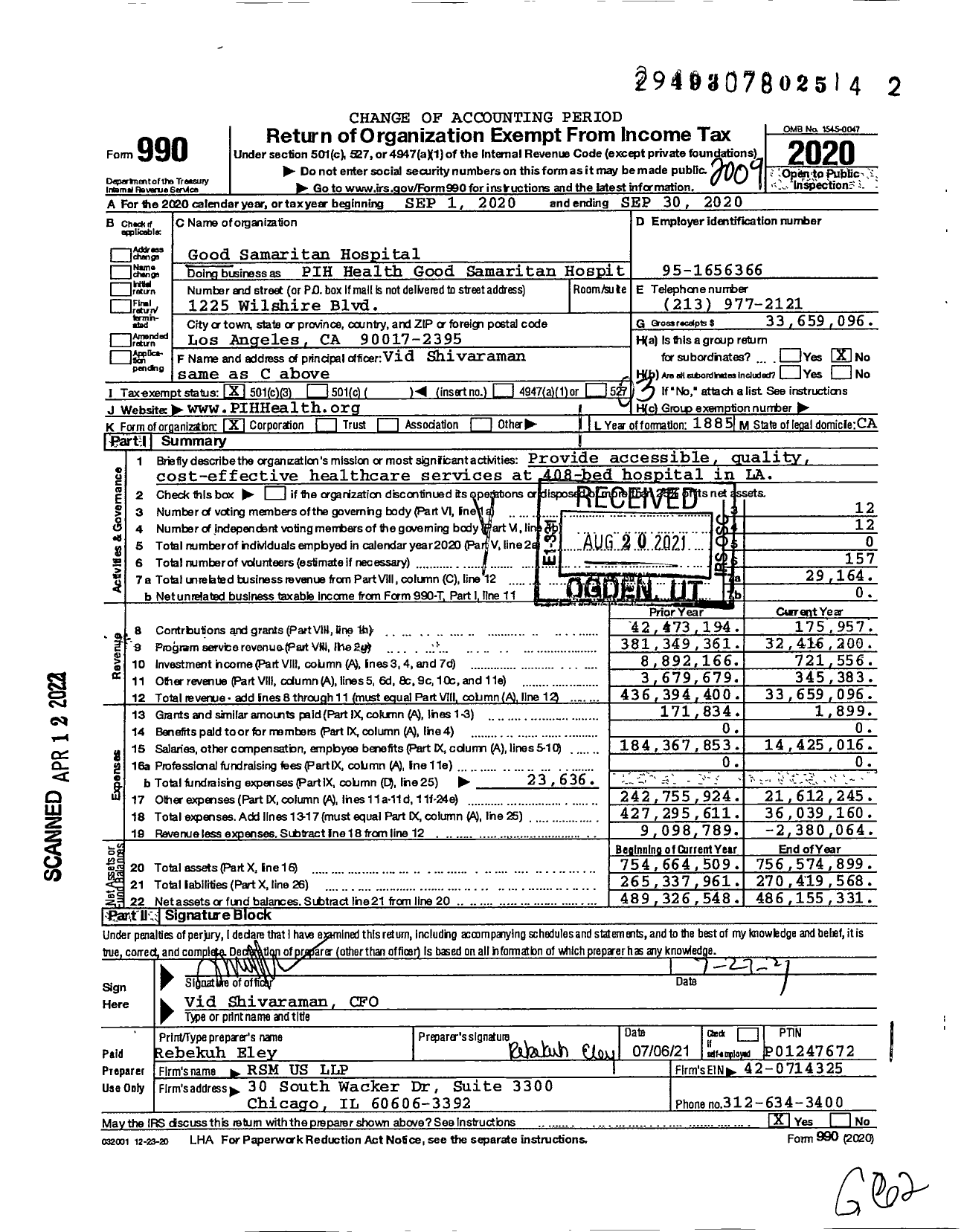 Image of first page of 2019 Form 990 for Pih Health Good Samaritan Hospital
