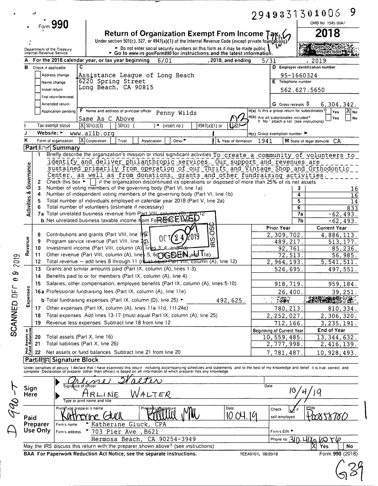 Image of first page of 2018 Form 990 for Assistance League of Long Beach