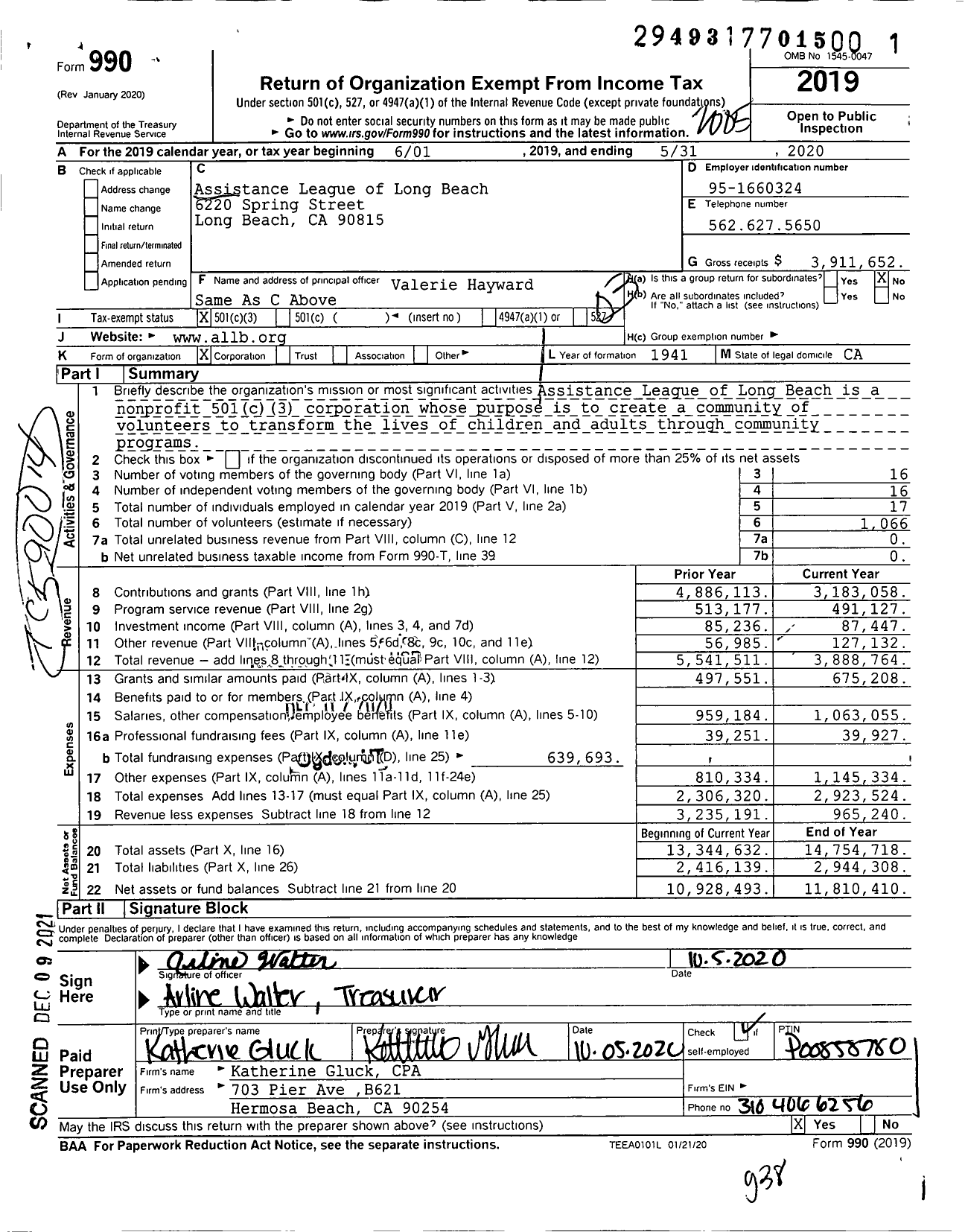 Image of first page of 2019 Form 990 for Assistance League of Long Beach