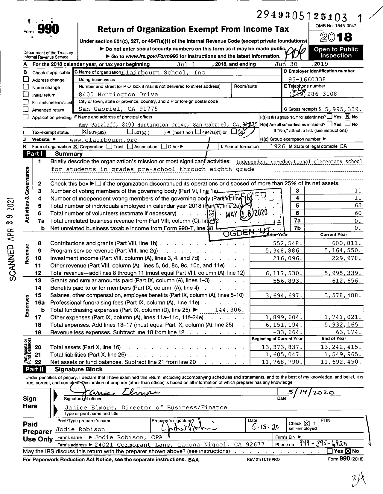 Image of first page of 2018 Form 990 for Clairbourn School