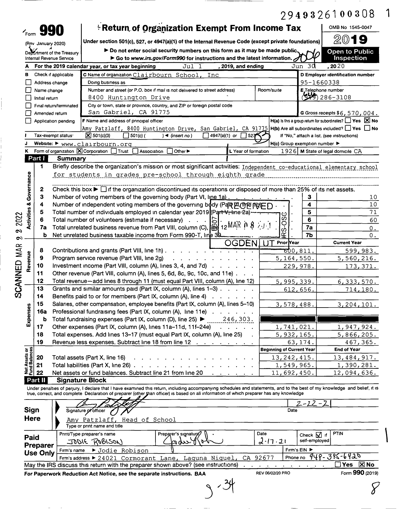 Image of first page of 2019 Form 990 for Clairbourn School