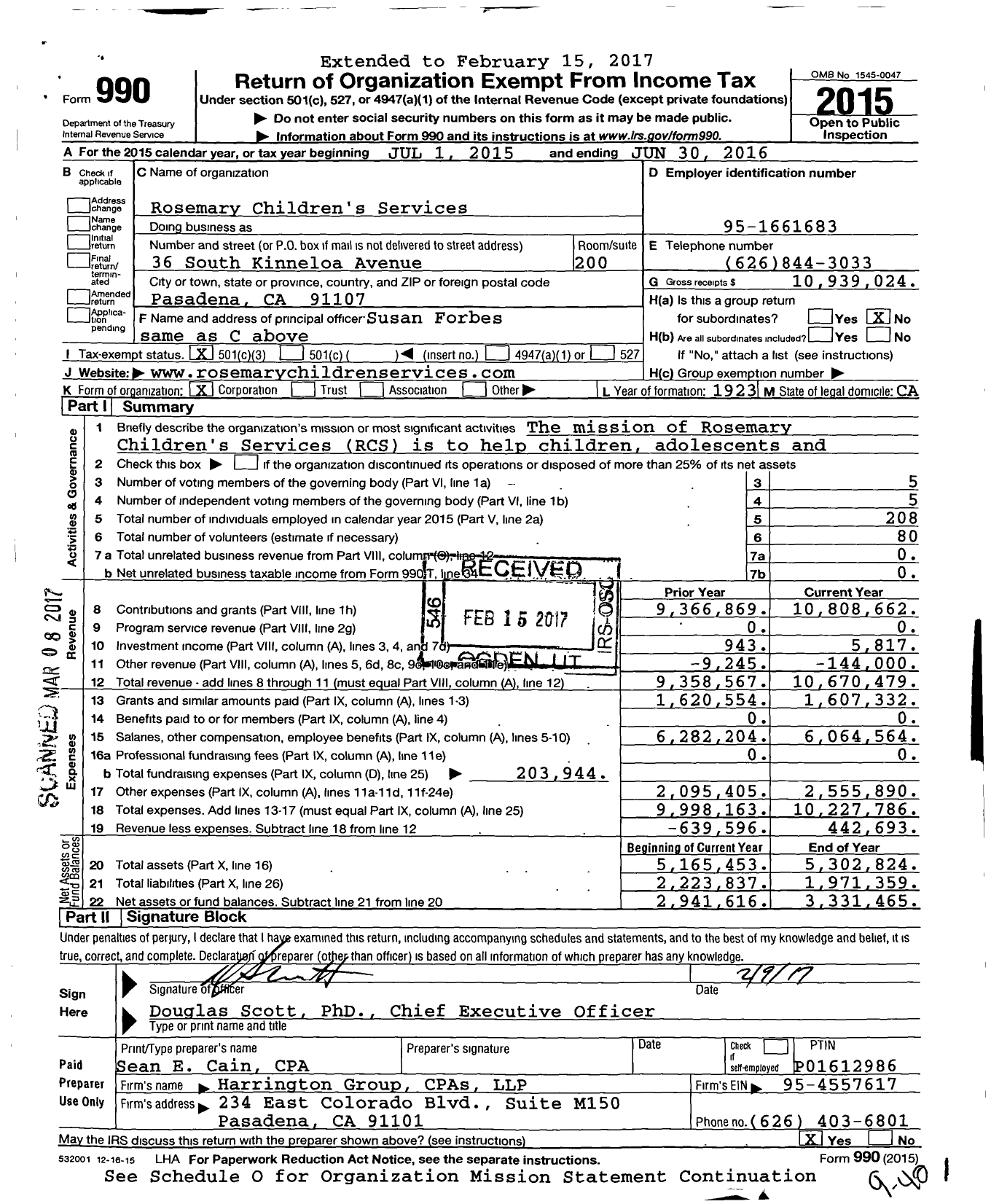 Image of first page of 2015 Form 990 for Rosemary Children's Services
