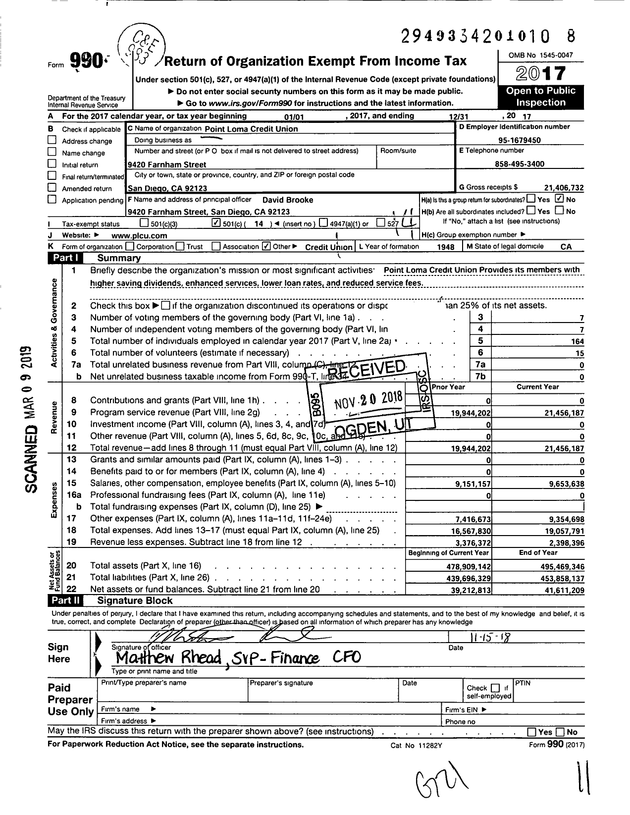 Image of first page of 2017 Form 990O for Point Loma Credit Union (PLCU)
