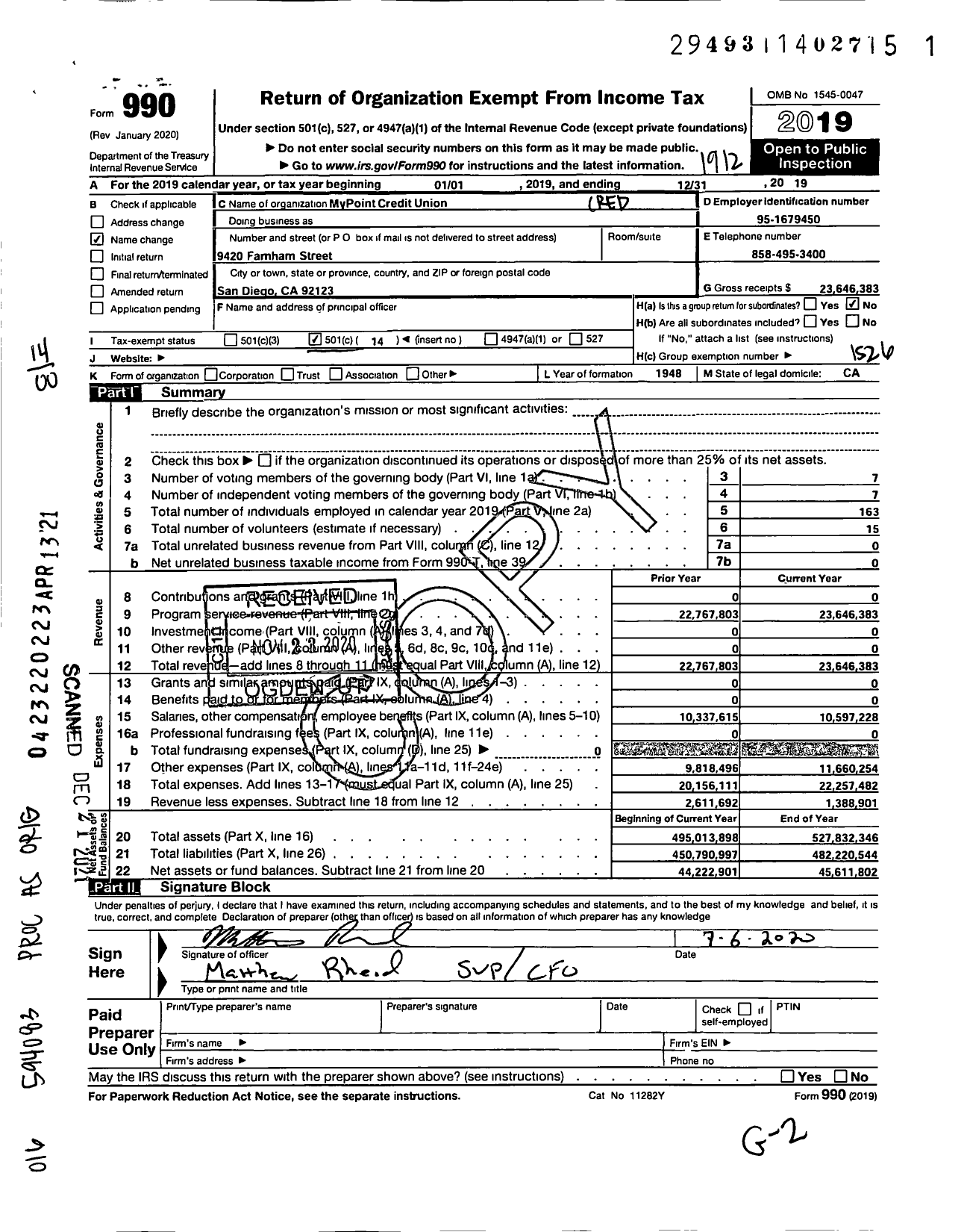 Image of first page of 2019 Form 990O for Point Loma Credit Union (PLCU)