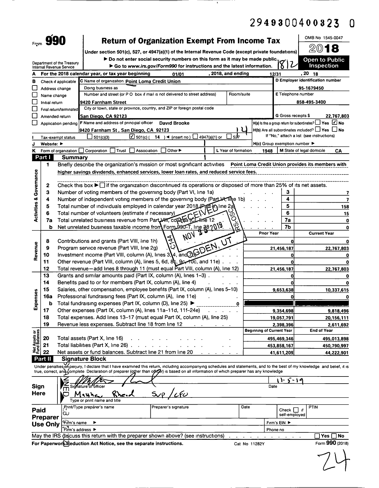 Image of first page of 2018 Form 990O for Point Loma Credit Union (PLCU)