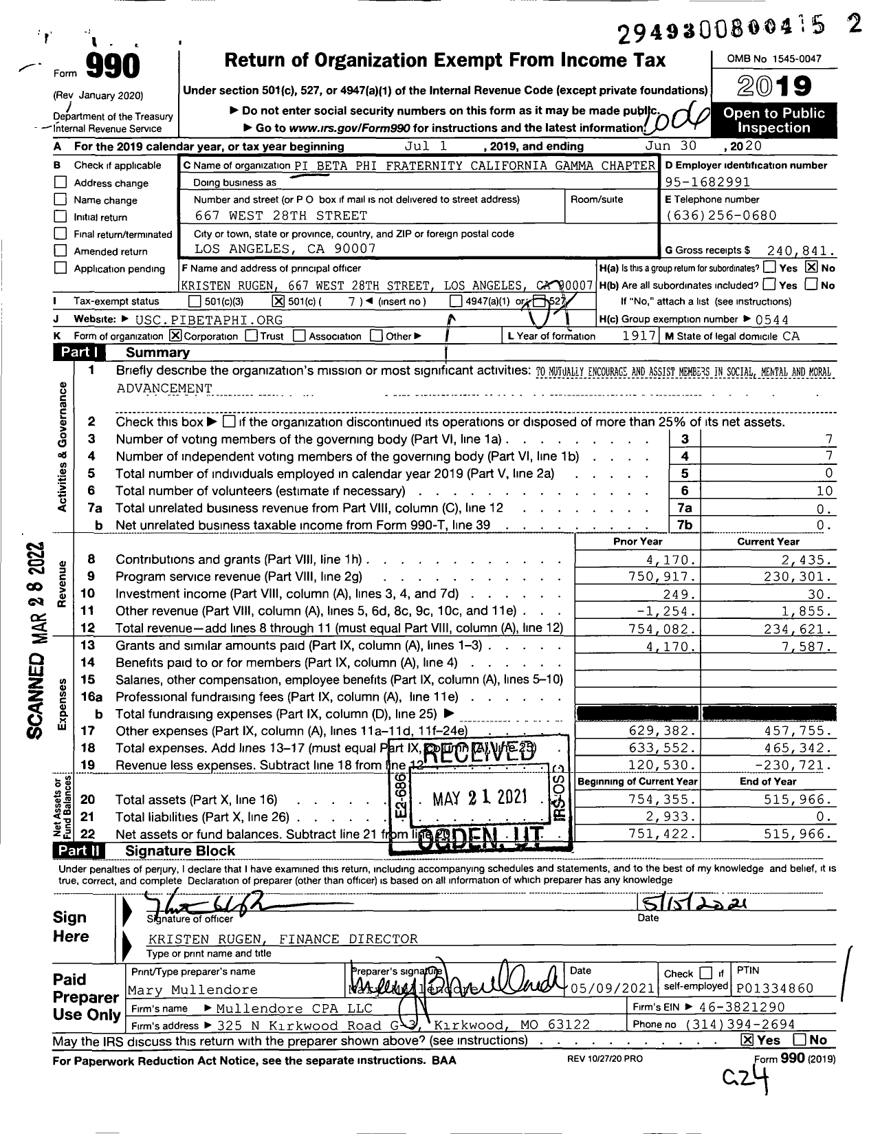 Image of first page of 2019 Form 990O for Pi Beta Phi Fraternity - California Gamma Chapter