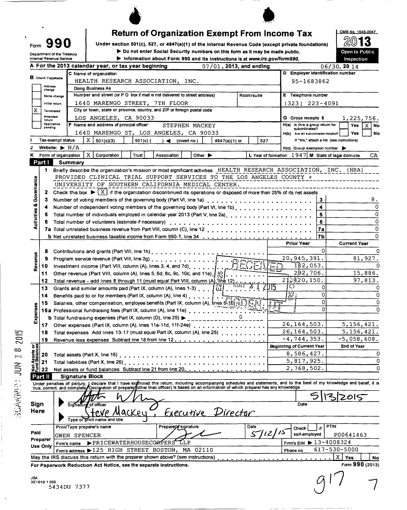 Image of first page of 2013 Form 990 for Health Research Association