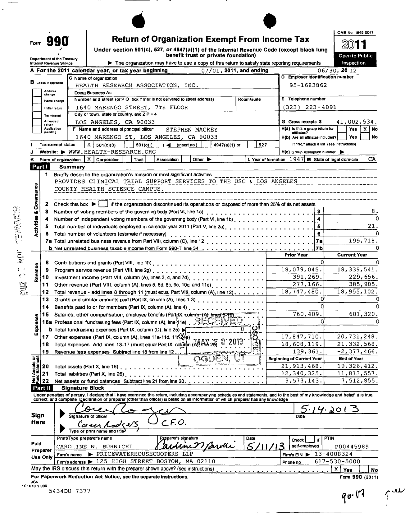 Image of first page of 2011 Form 990 for Health Research Association