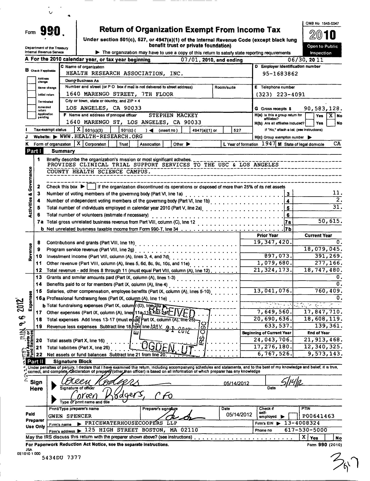 Image of first page of 2010 Form 990 for Health Research Association