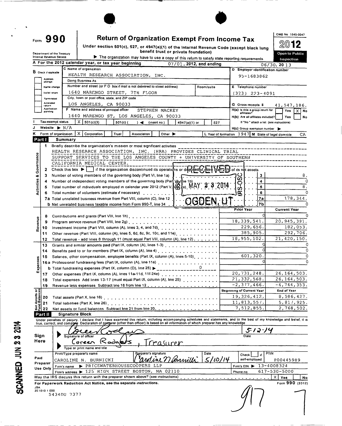 Image of first page of 2012 Form 990 for Health Research Association