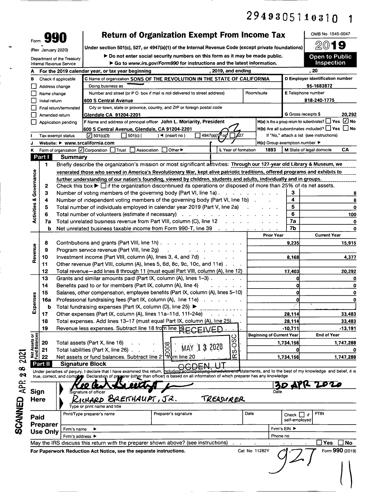 Image of first page of 2019 Form 990 for Sons of the Revolution