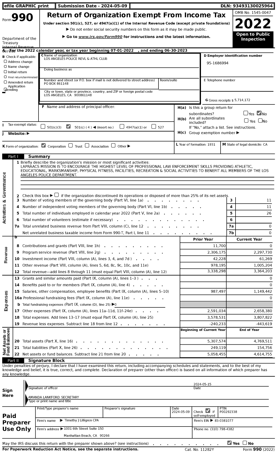 Image of first page of 2022 Form 990 for Los Angeles Police Revl and Athl Club (LAPRAAC)