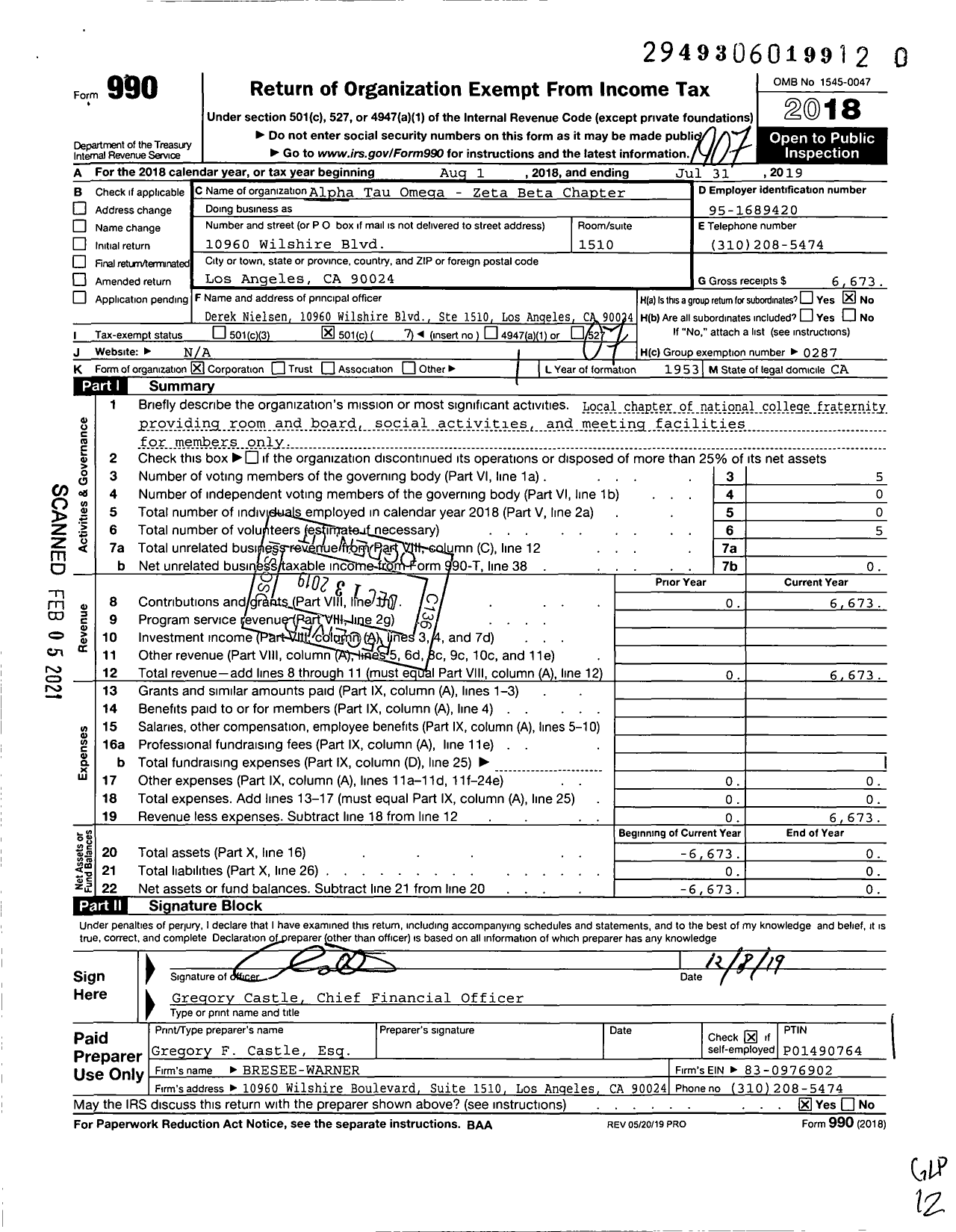 Image of first page of 2018 Form 990O for Alpha Tau Omega - Zeta Beta Chapter Southern Cal