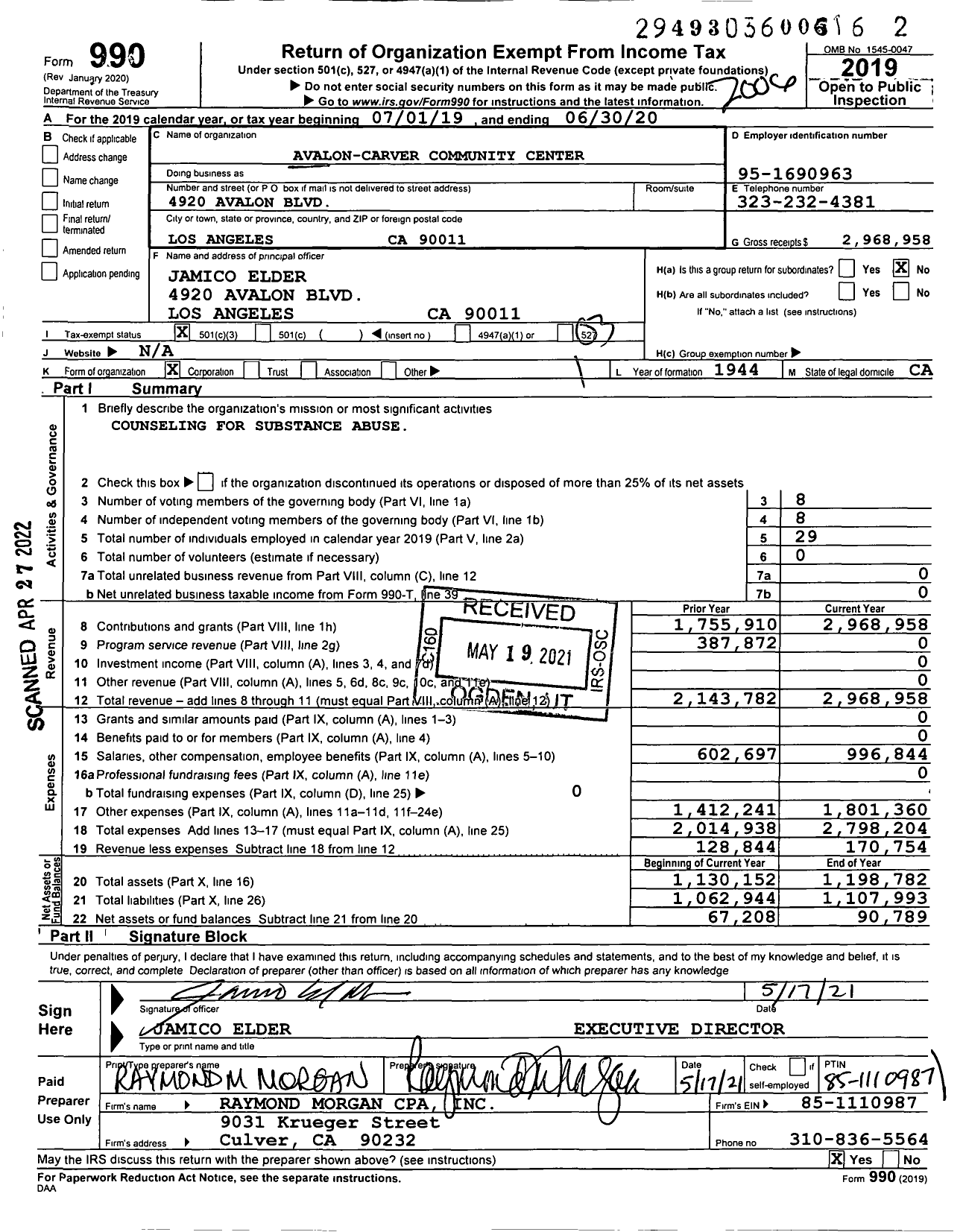 Image of first page of 2019 Form 990 for Avalon-Carver Community Center