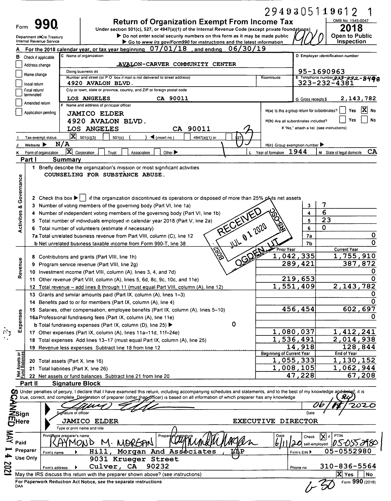 Image of first page of 2018 Form 990 for Avalon-Carver Community Center