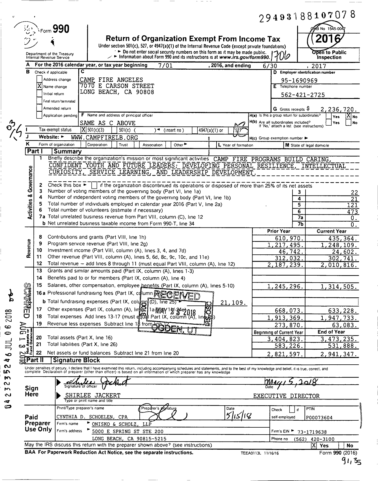 Image of first page of 2016 Form 990 for Camp Fire USA Long Beach Area Council