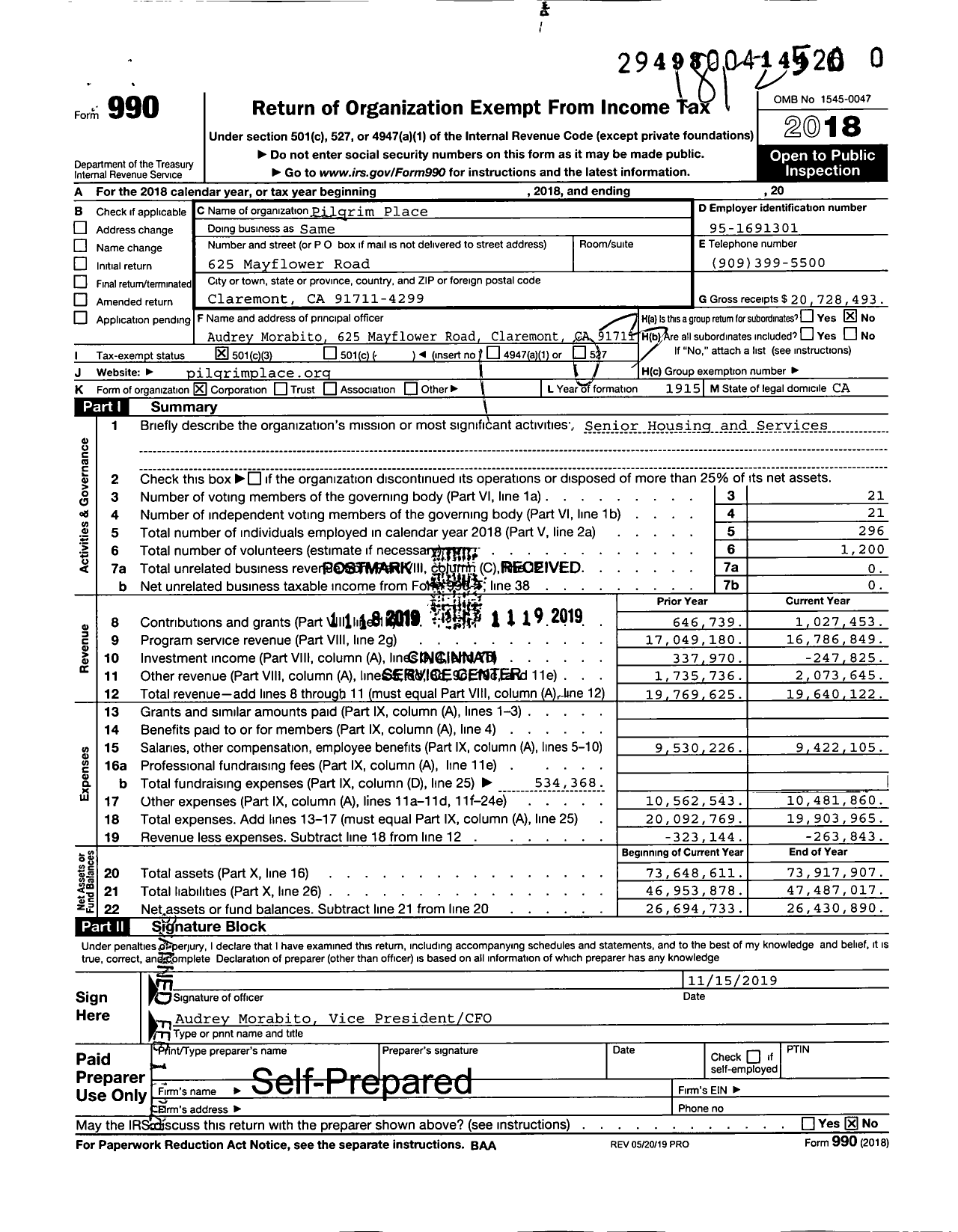 Image of first page of 2018 Form 990 for Pilgrim Place