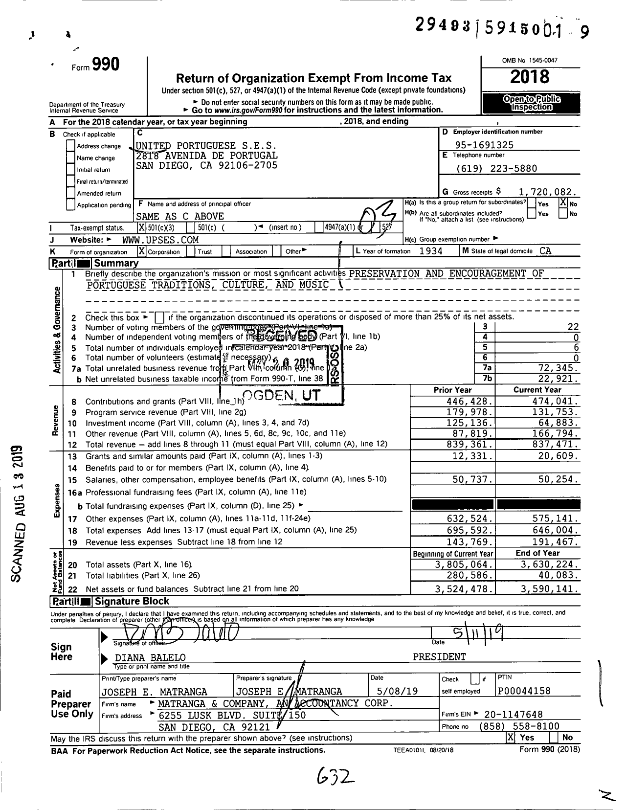 Image of first page of 2018 Form 990 for United Portuguese Ses