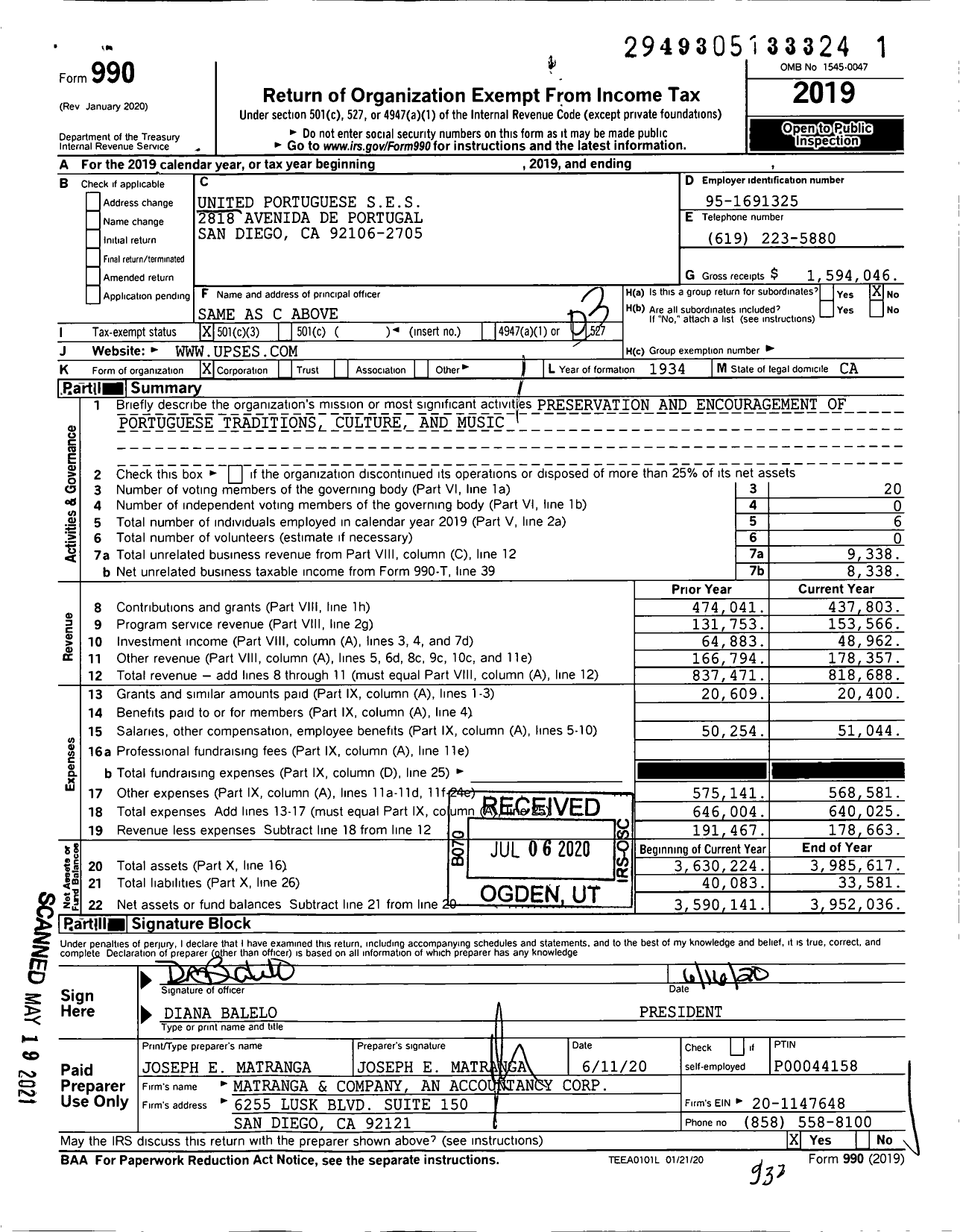 Image of first page of 2019 Form 990 for United Portuguese Ses