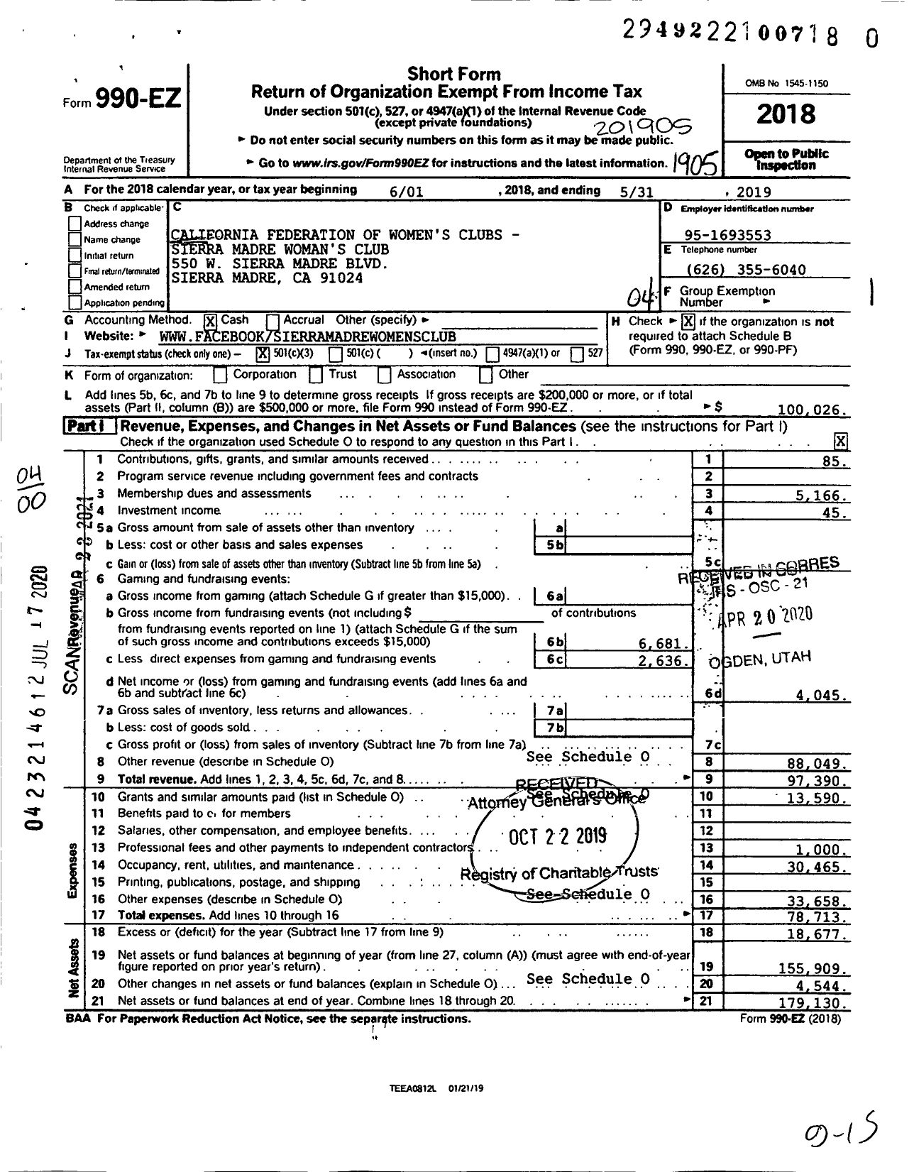 Image of first page of 2018 Form 990EO for California Federation of Women's Clubs - Sierra Madre Womans Club