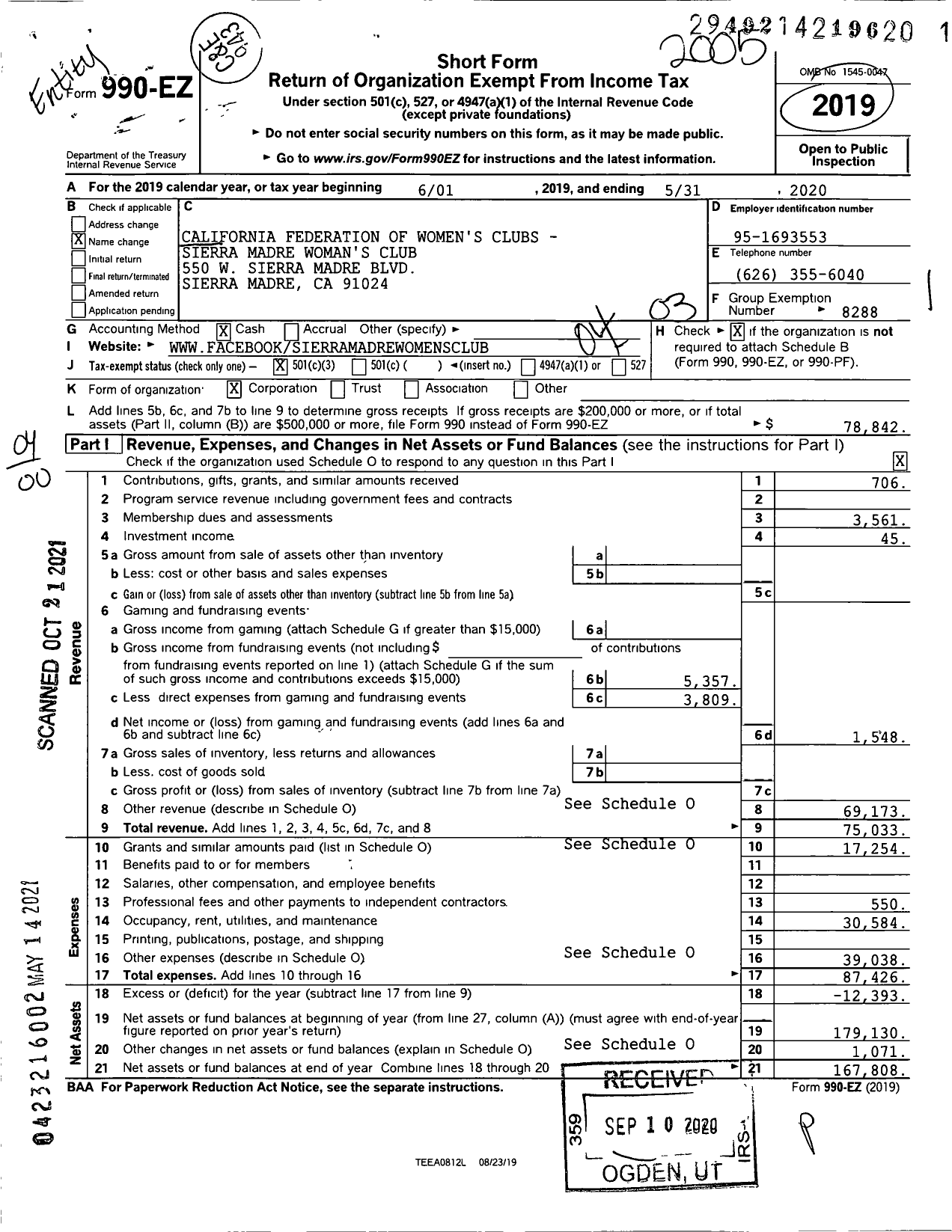 Image of first page of 2019 Form 990EO for California Federation of Women's Clubs - Sierra Madre Womans Club