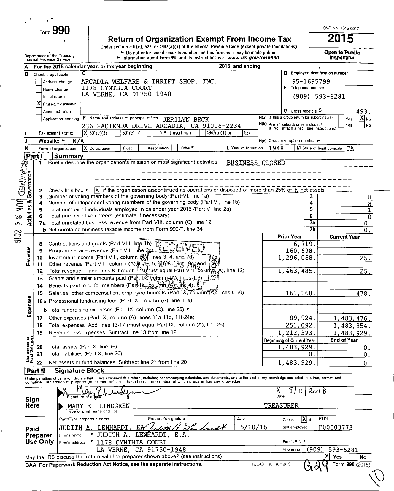 Image of first page of 2015 Form 990 for Arcadia Welfare and Thrift Shop