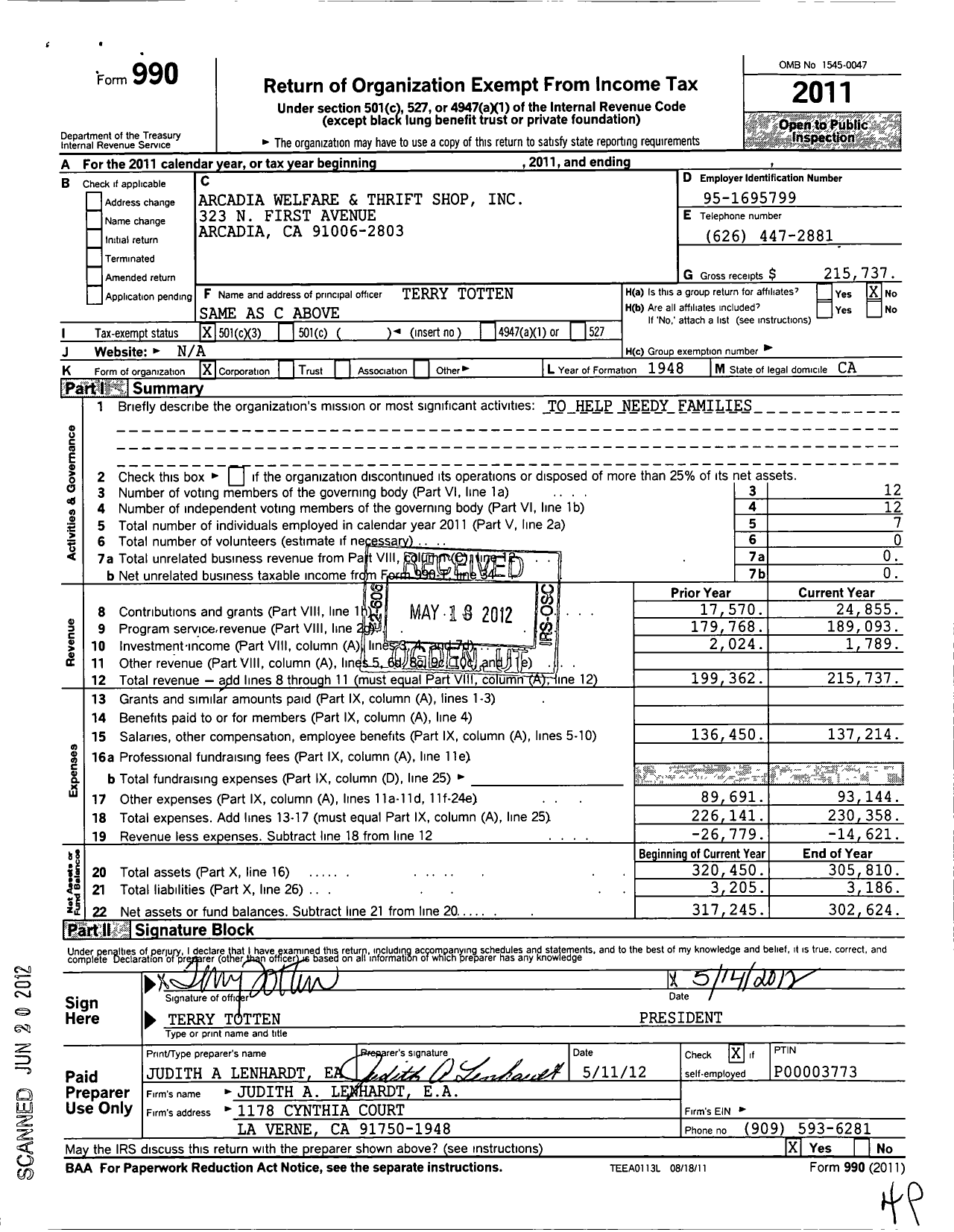 Image of first page of 2011 Form 990 for Arcadia Welfare and Thrift Shop