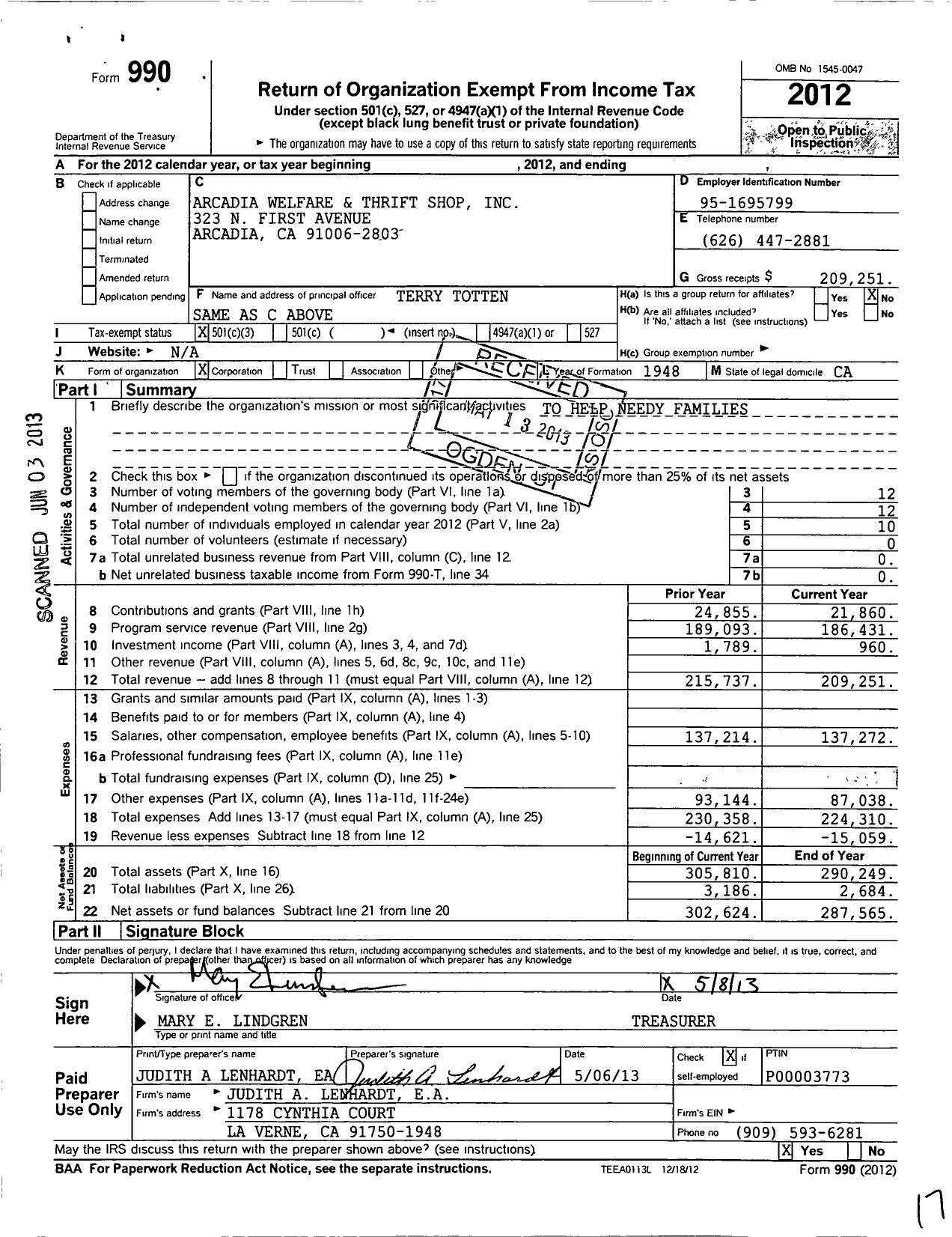 Image of first page of 2012 Form 990 for Arcadia Welfare and Thrift Shop