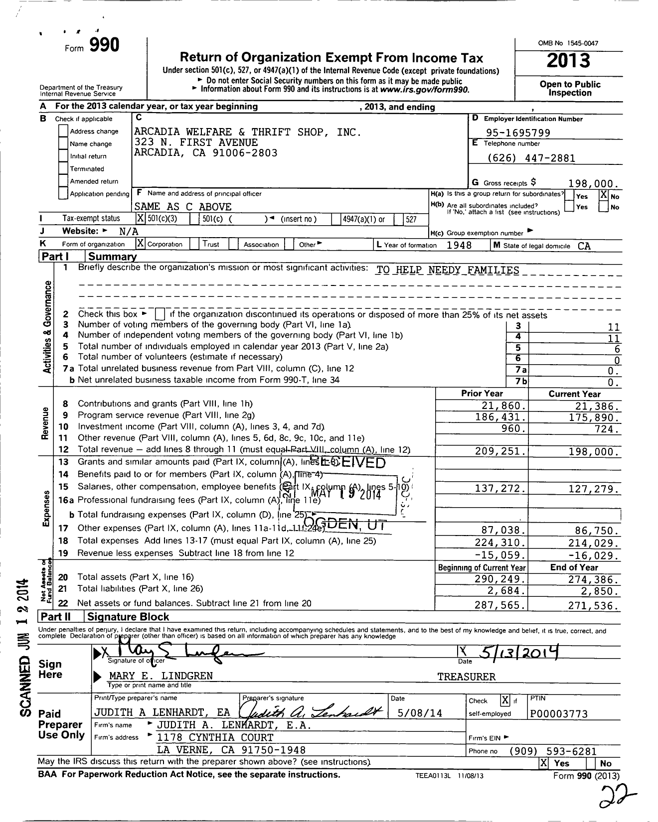 Image of first page of 2013 Form 990 for Arcadia Welfare and Thrift Shop