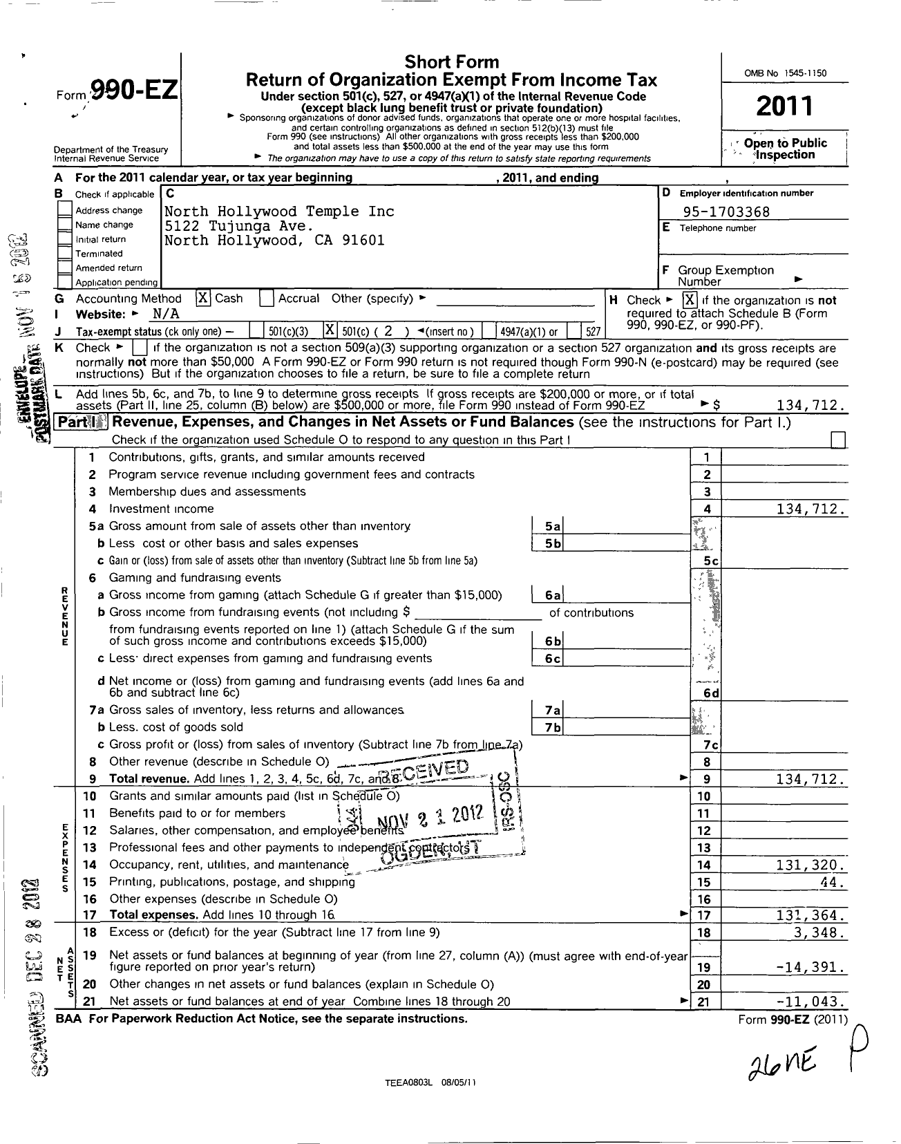 Image of first page of 2011 Form 990EO for North Hollywood Temple Association