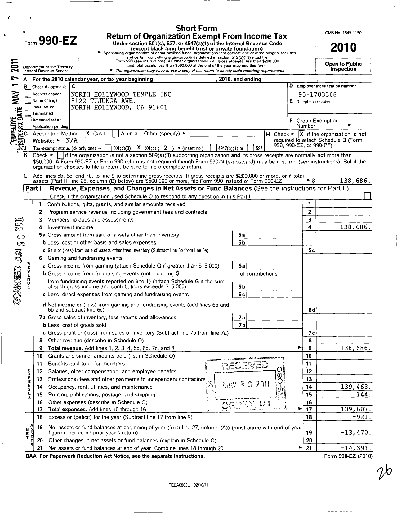 Image of first page of 2010 Form 990EO for North Hollywood Temple Association