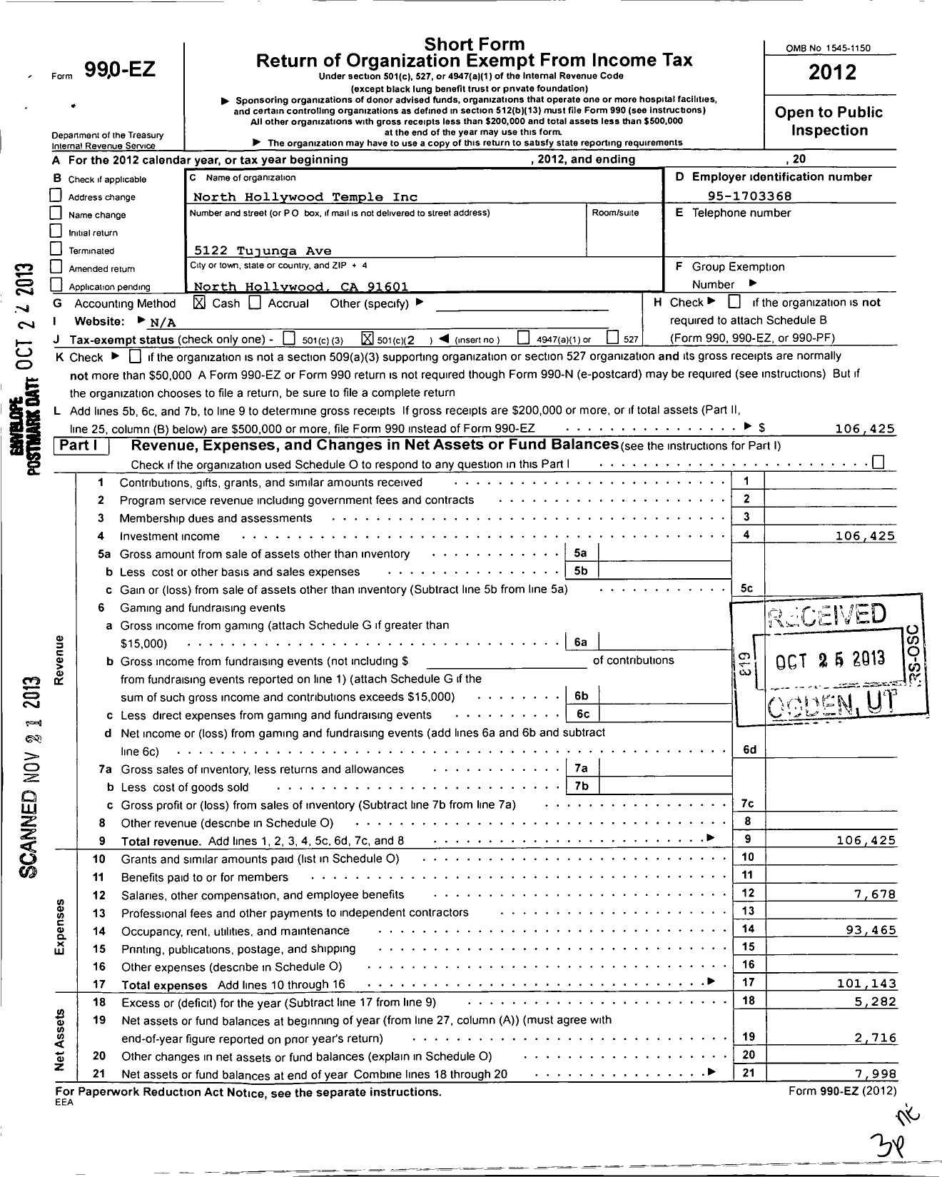 Image of first page of 2012 Form 990EO for North Hollywood Temple Association