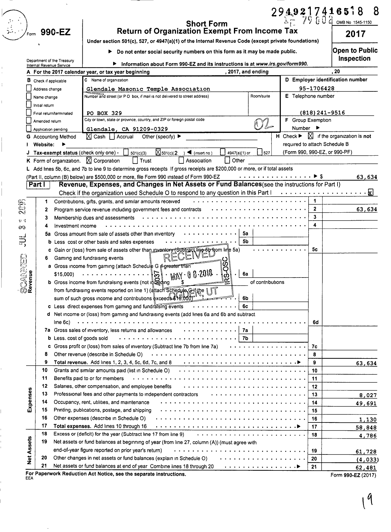 Image of first page of 2017 Form 990EO for Glendale Masonic Temple Association