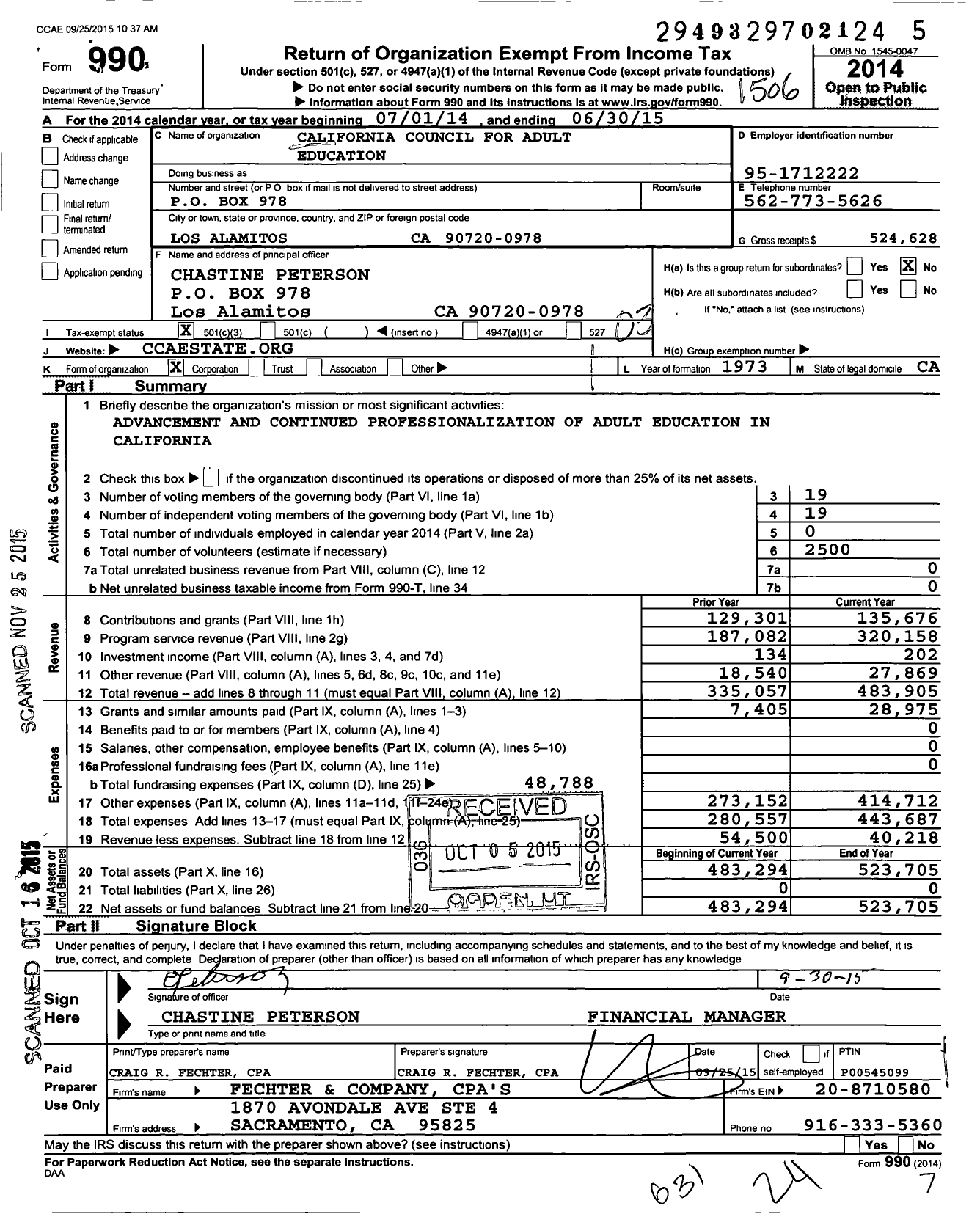 Image of first page of 2014 Form 990 for California Council for Adult Education